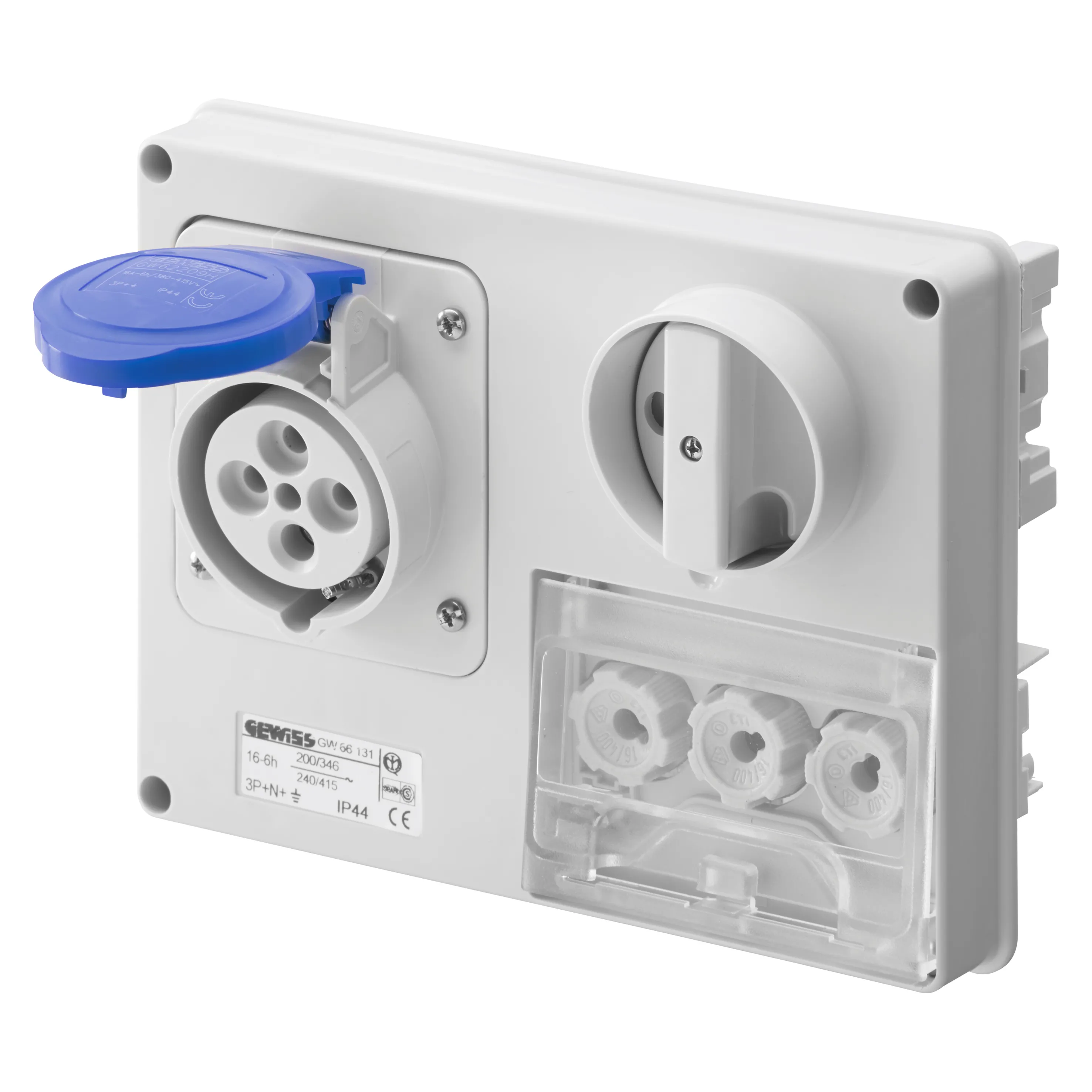 Priza Orizontala Fixa Interblocata Fara Fund Cu Baza Suport De Alimentare 2P+E 16A 200-250V 50/60Hz 6H IP44 Gewiss GW66126