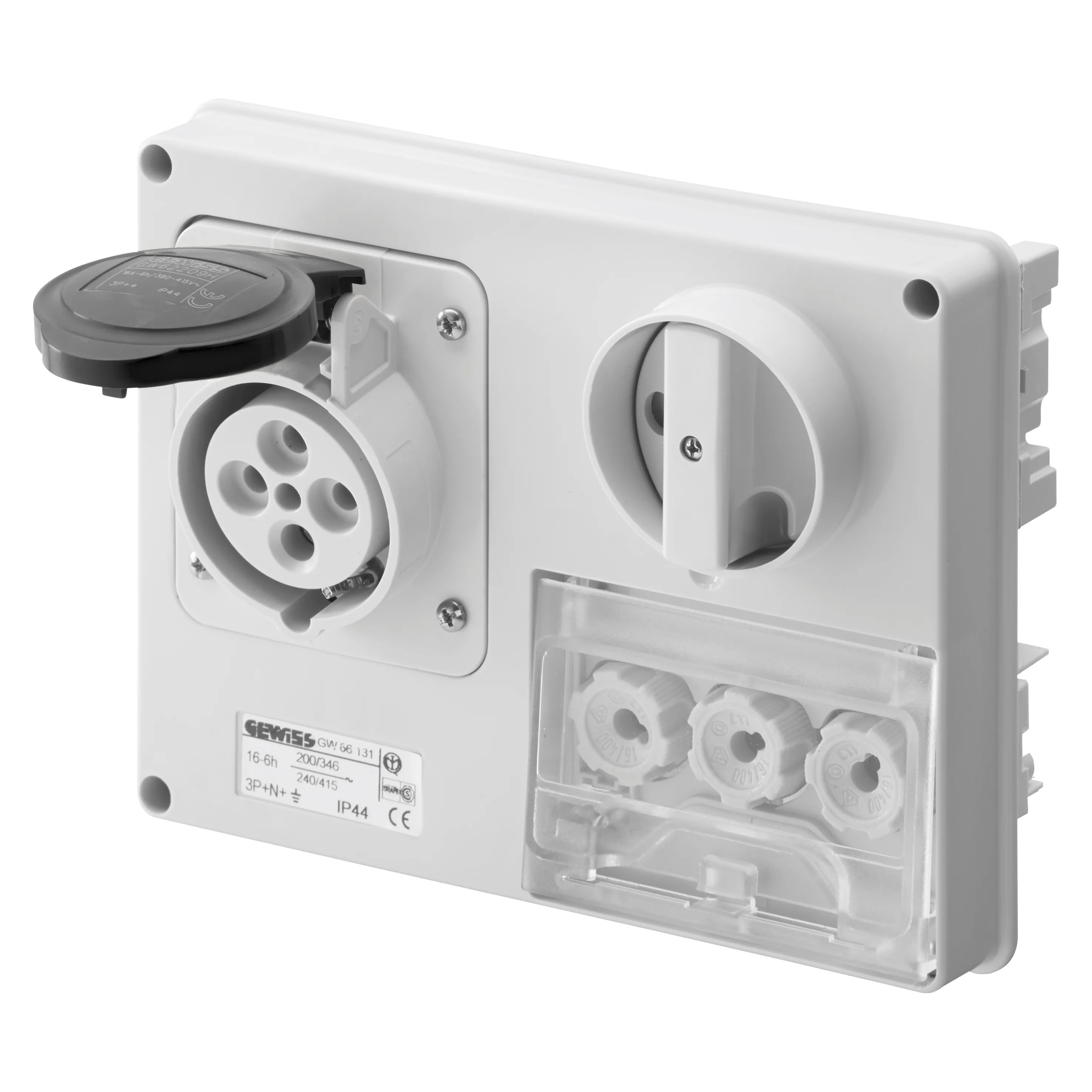 Priza Orizontala Fixa Interblocata Fara Fund Cu Baza Suport De Alimentare 3P+N+E 16A 480-500V 50/60Hz 7H IP44 Gewiss GW66133