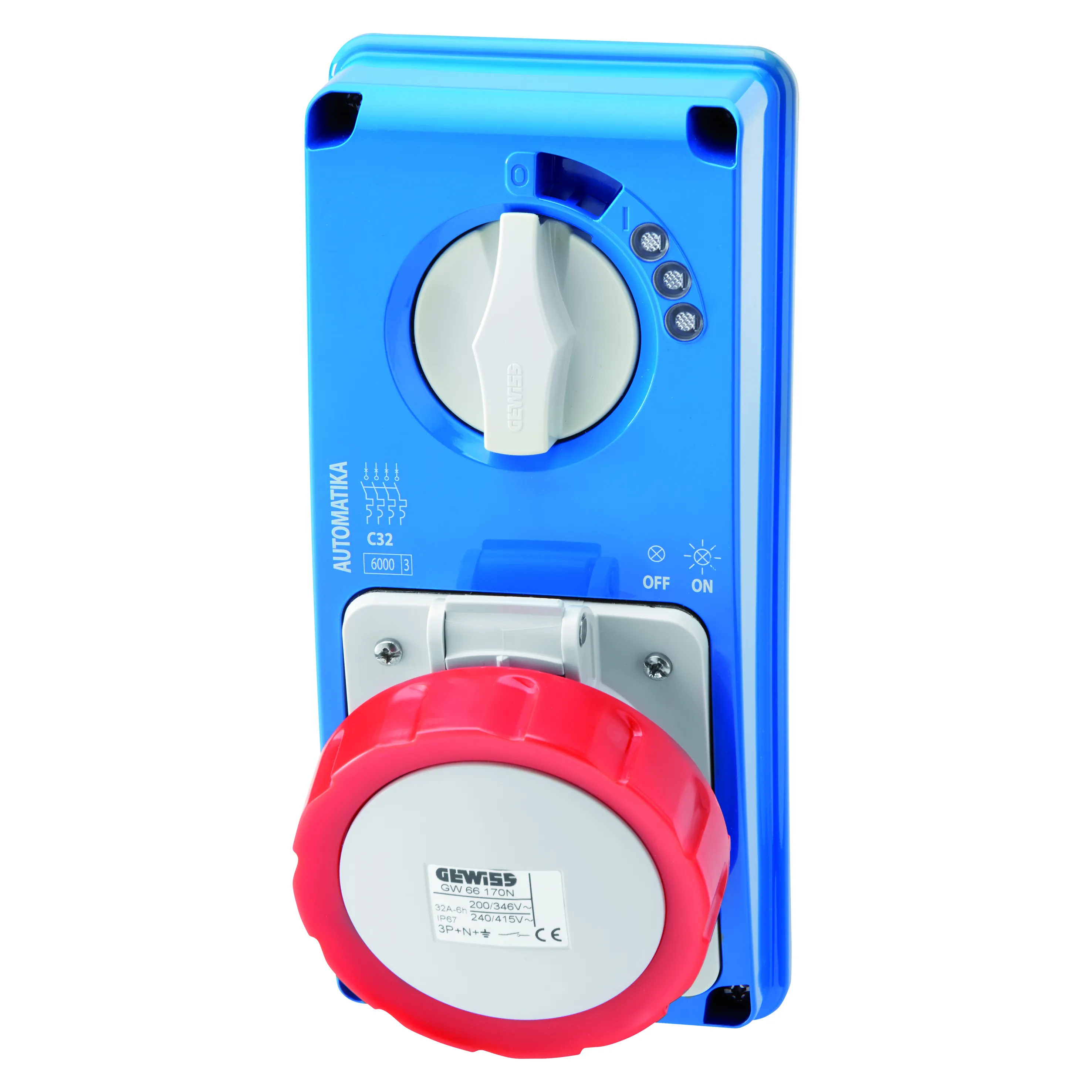 Priza Fixa Interblocata Verticala Automatika Curba Mt 6Ka C Fara Fund 3P+E 32A 400V 6H IP67 Gewiss GW66169N