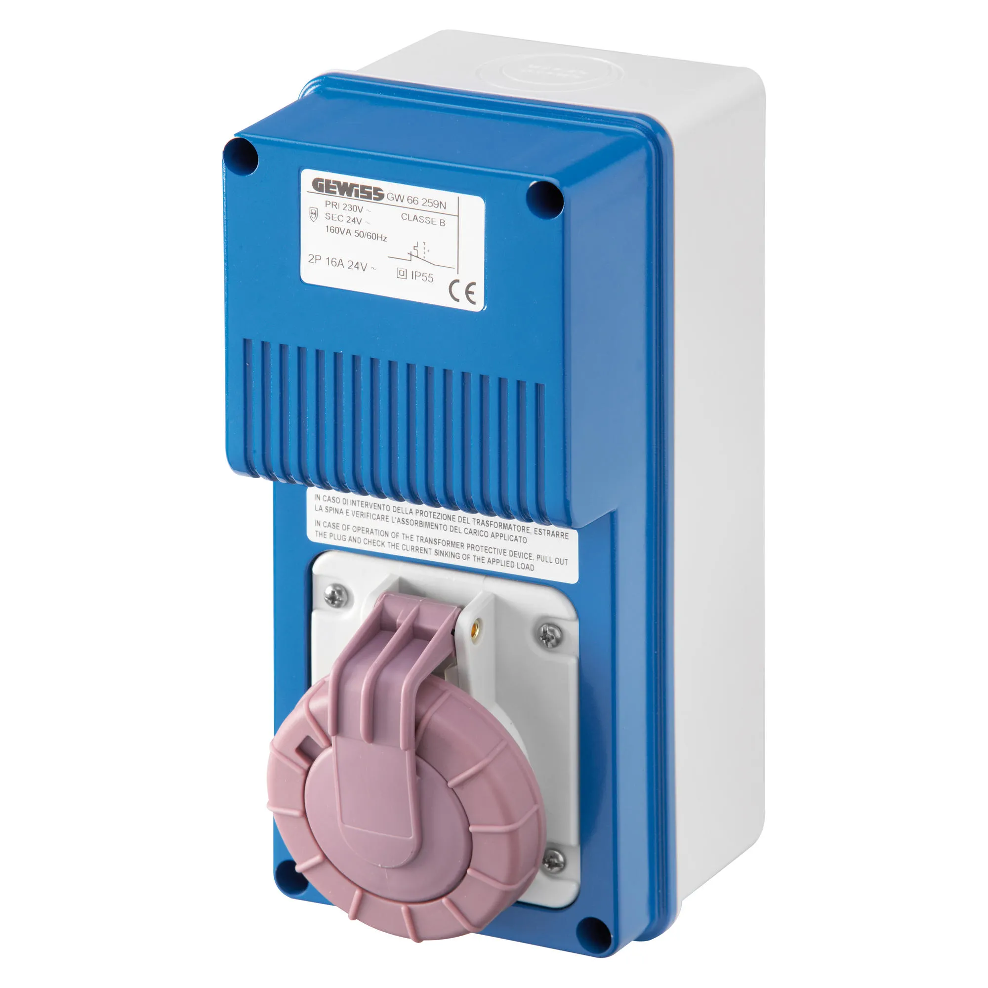 Priza fixa verticala cu fund transformator de siguranta 2p 16a 230/24v 160va ip67 gewiss gw66259n