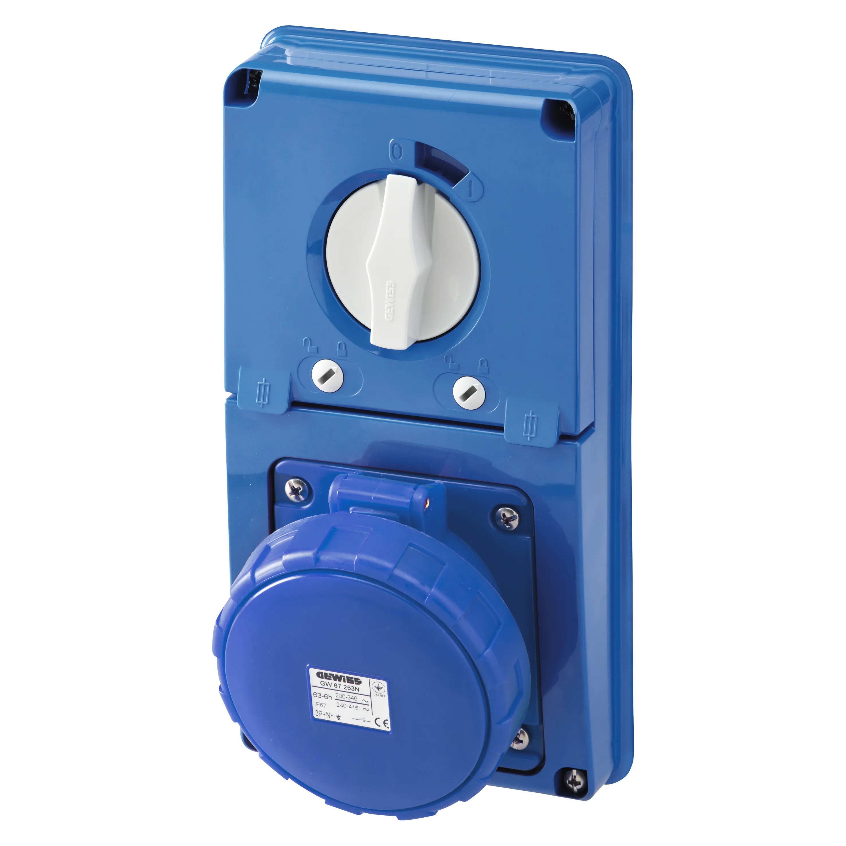 Priza Interblocata Fixa Verticala Fara Fund Cu Baza De Sustinere A Combustibilului 2P+E 63A 200-250V 50/60Hz 6H IP67 Gewiss GW66348N