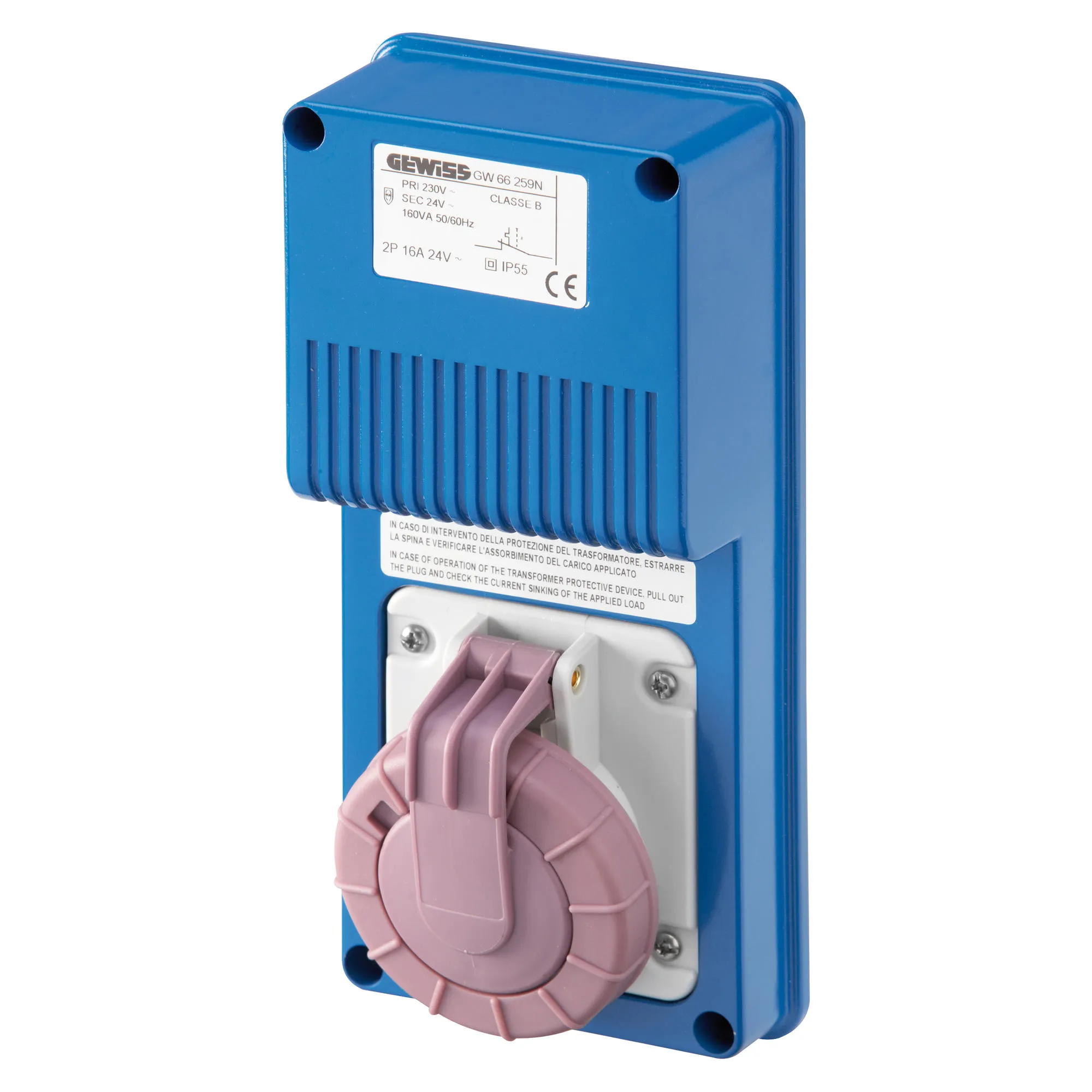 Priza fixa verticala fara fund transformator de siguranta 2p 16a 230/24v 160va ip67 gewiss gw66359n