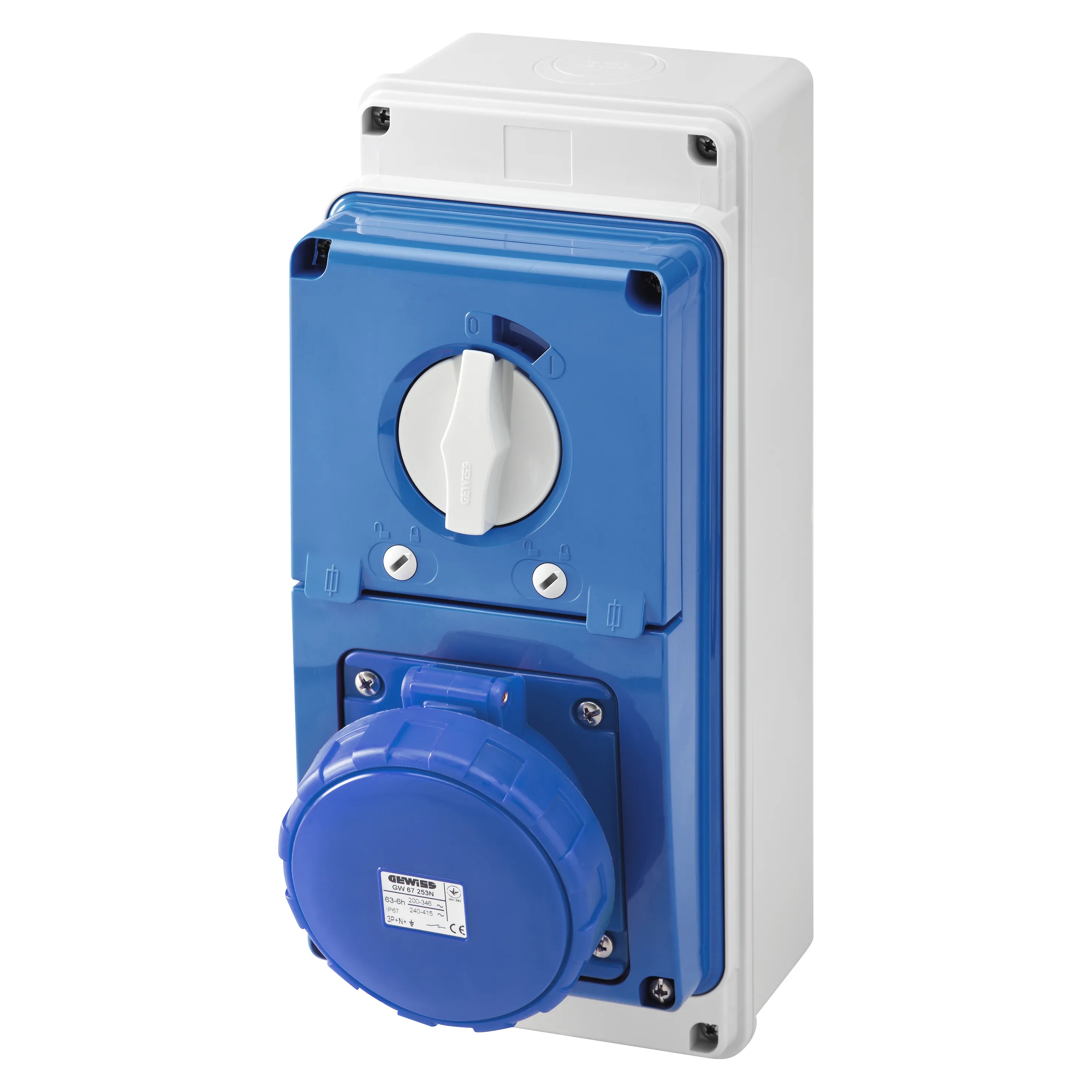 Priza Fixa Cu Interblocare Verticala Cu Baza Cu Suport De Alimentare 2P+E 63A 200-250V 50/60Hz 6H IP67 Gewiss GW67248N