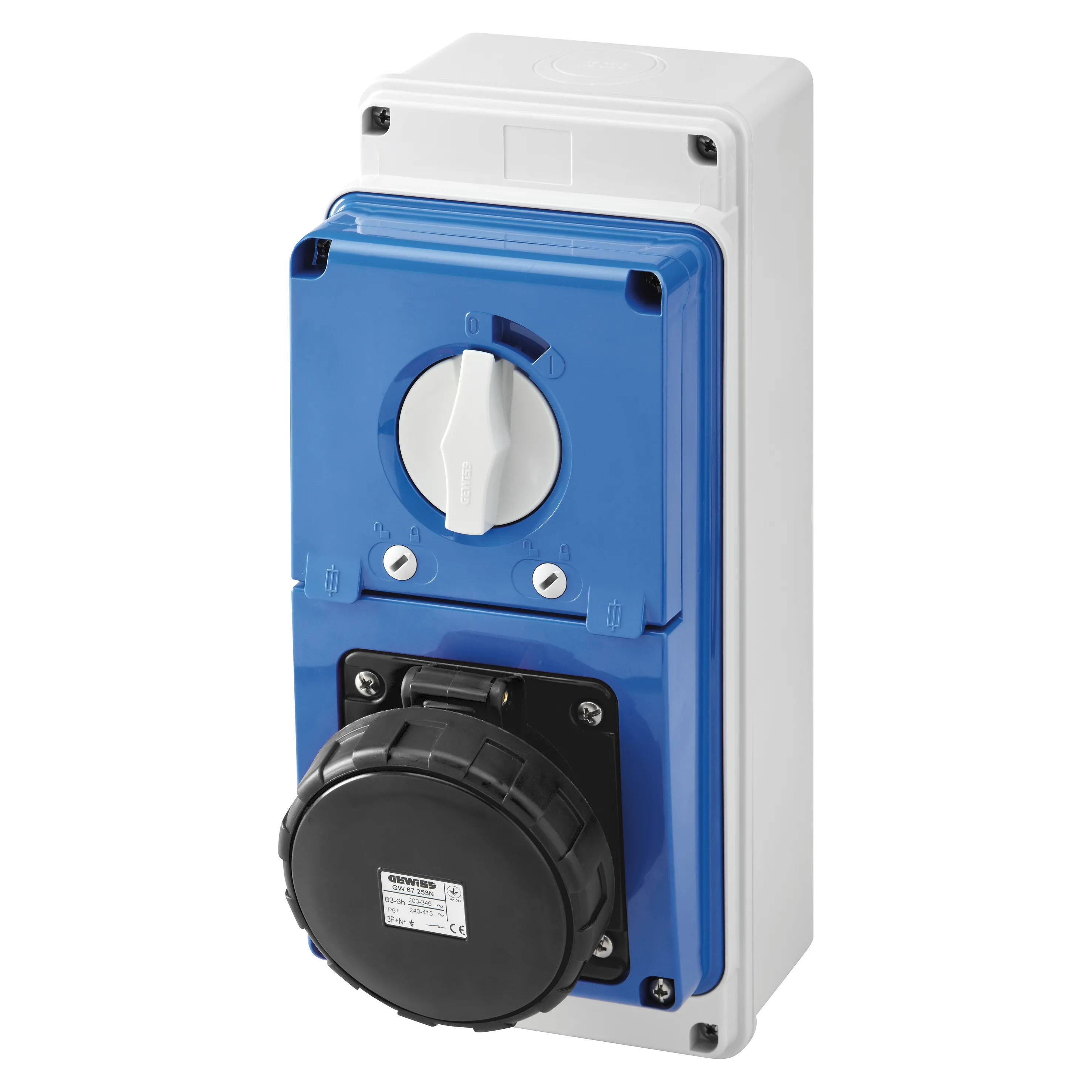 Priza fixa cu interblocare verticala cu baza cu suport de alimentare 3p+e 63a 480-500v 50/60hz 7h ip67 gewiss gw67254n