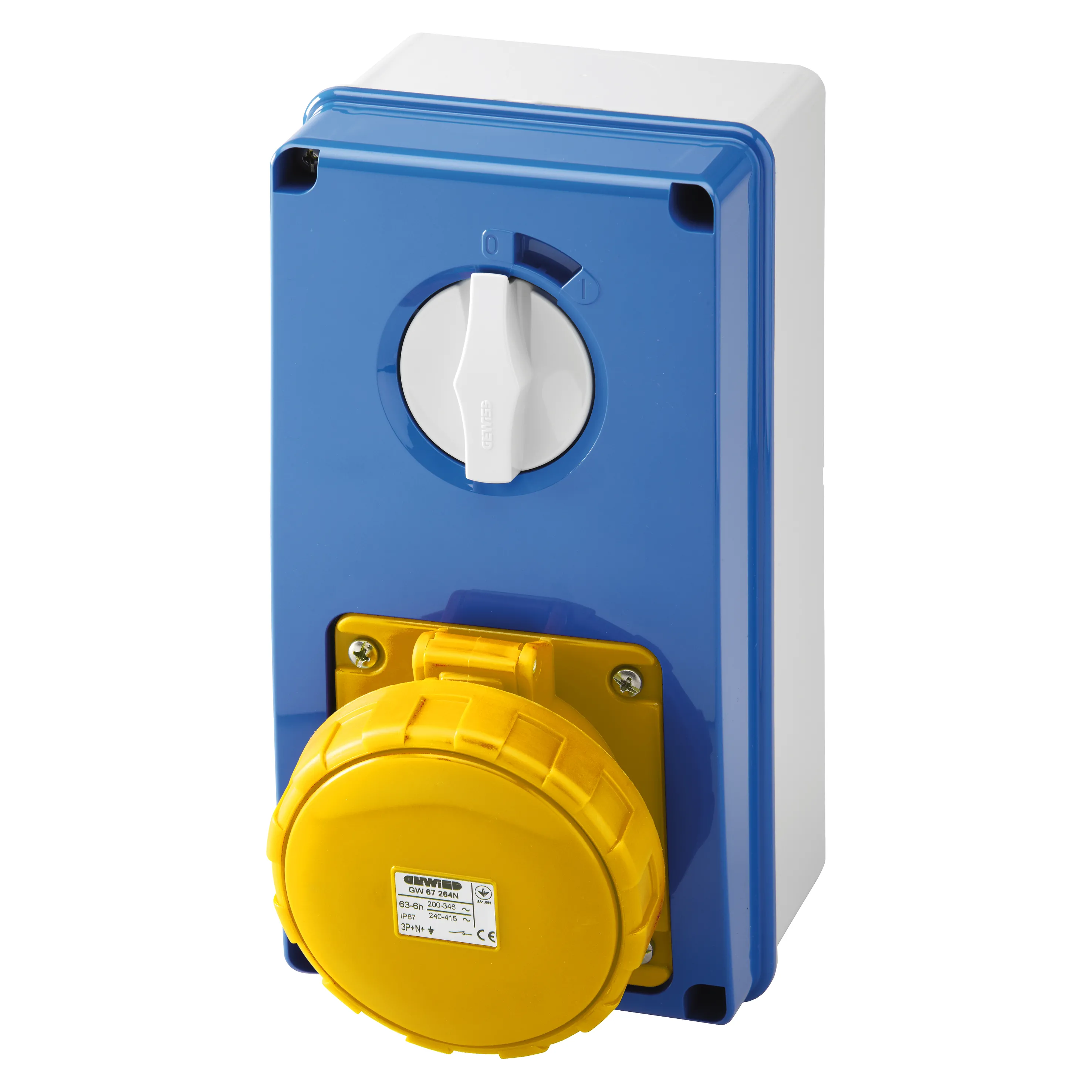Priza Interblocata Fixa Verticala Cu Partea Inferioara Fara Baza Suport De Alimentare 2P+E 63A 100-130V 50/60Hz 4H IP67 Gewiss GW67256N
