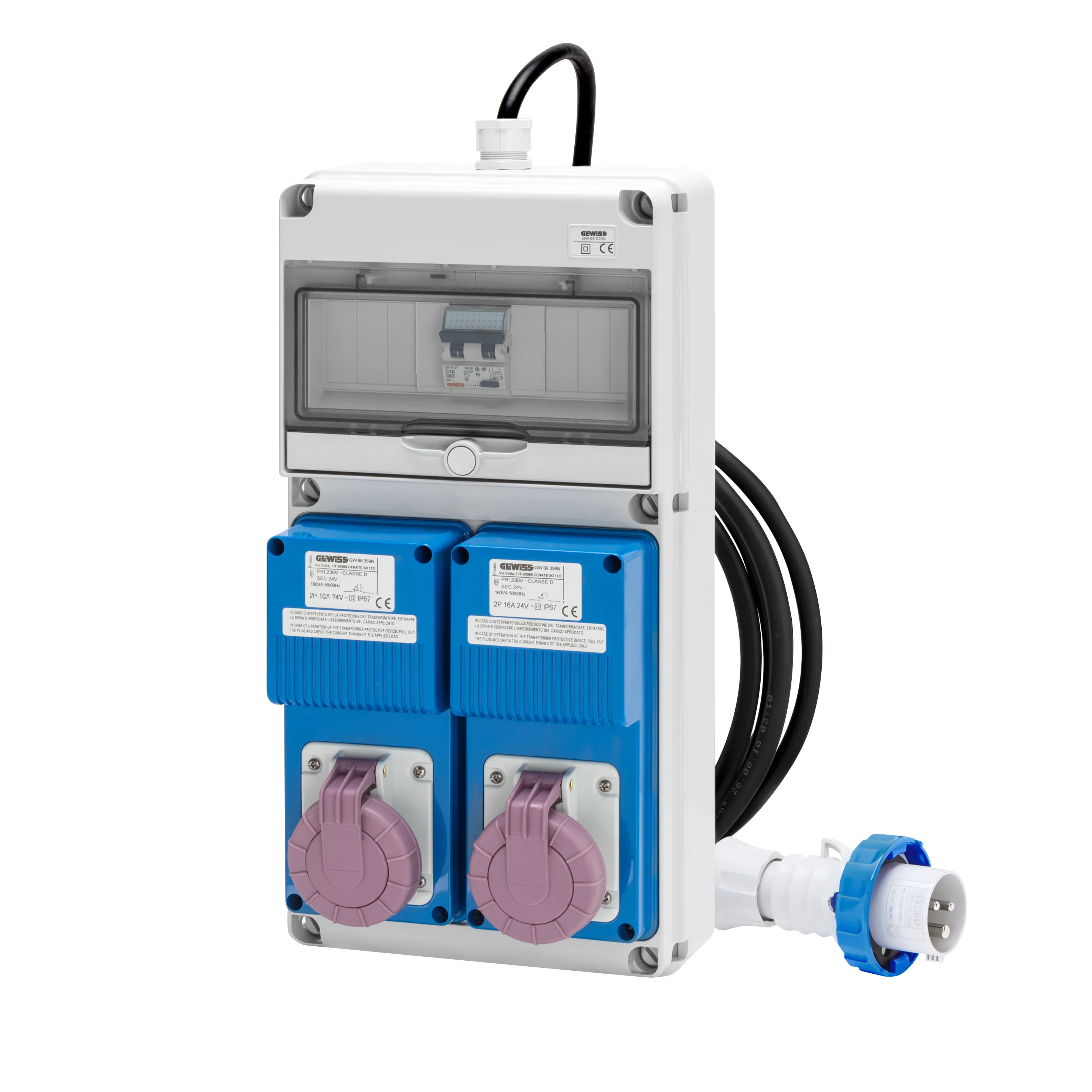 Tablou organiaze santier Q-Din Acs Portabil Mobil Cu Cablu Si Fisa 2 2P+E 16A 24 Cu Transformator + 2 2P+E 16A Ib IP65 Gewiss GW68236N