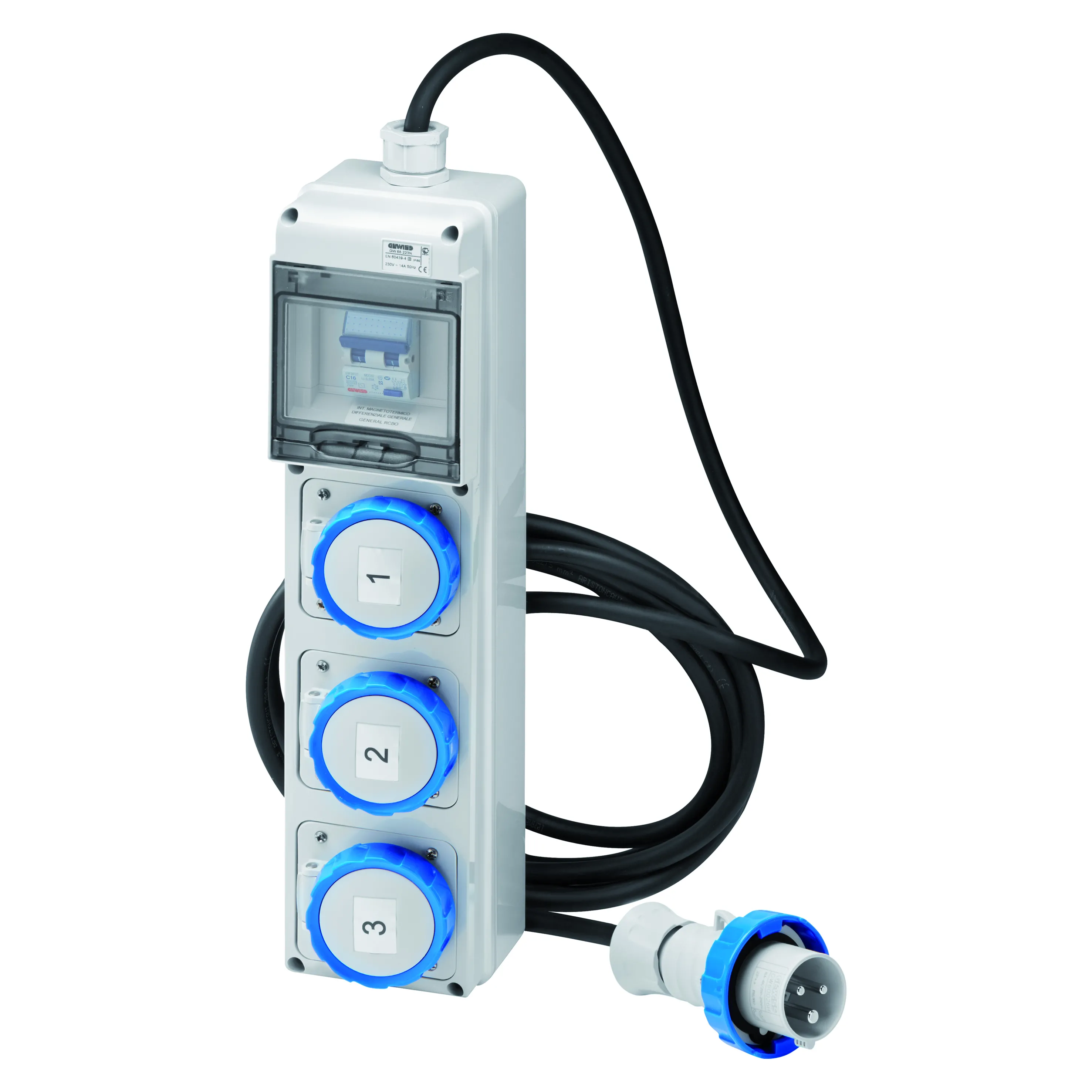 Tablou organiaze santier Q-Din 5 module Acs Portabil Mobil Cu Cablu Si Fisa 2 2P+E 16A Iec309 + 1 3P+E 16A Iec309 IP44 Gewiss GW68242N