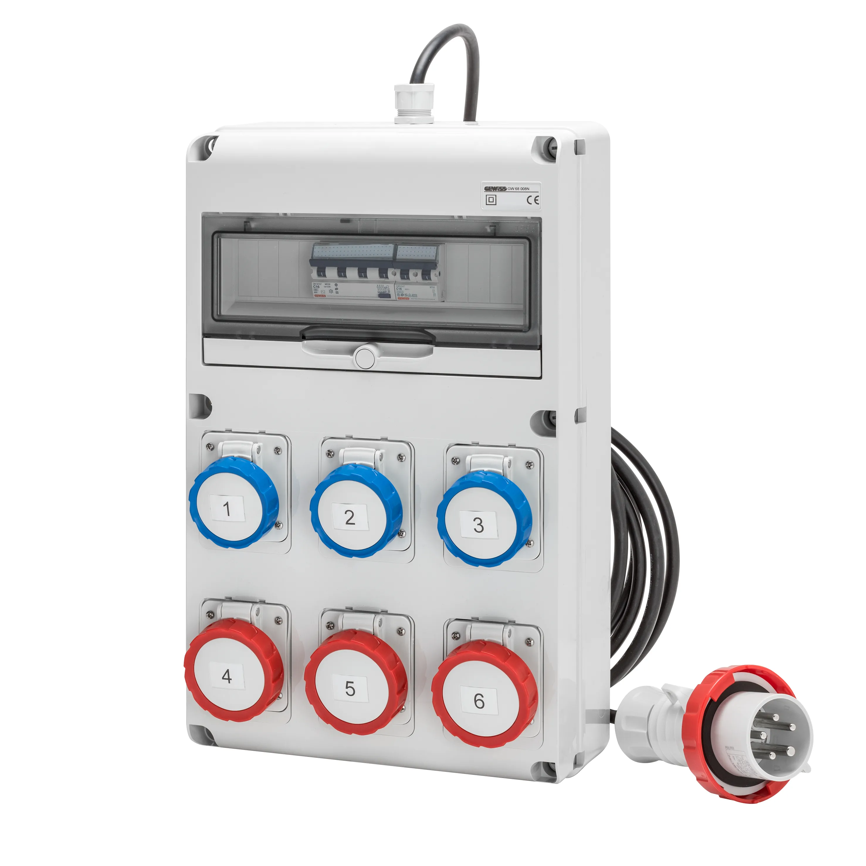 Tablou organiaze santier Q-Din 14 module Acs Portabil Mobil Cu Cablu Si Fisa 3 2P+E 16A Iec309 + 3 3P+E 16A Iec309 IP65 Gewiss GW68250N