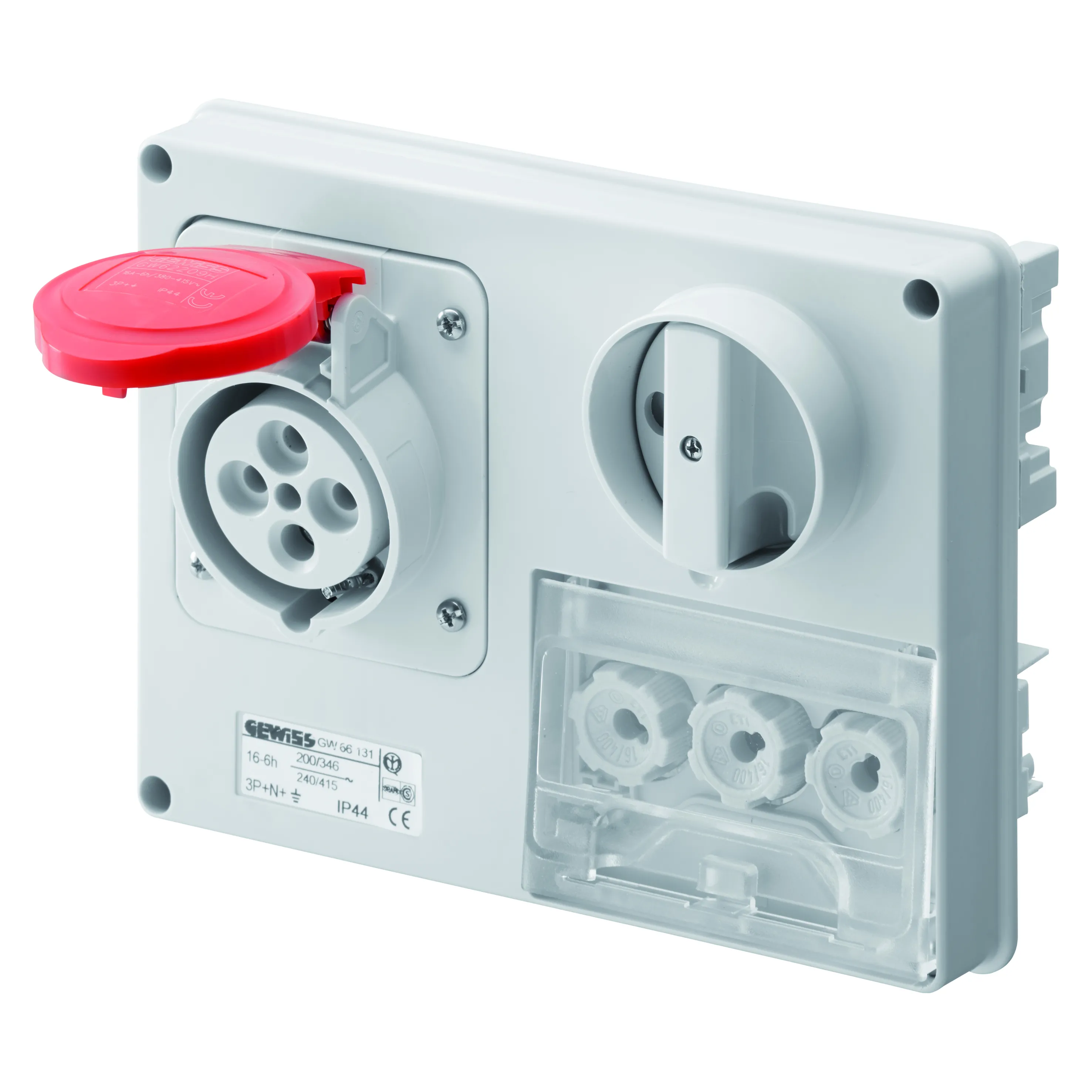 Priza Orizontala Fixa Interblocata Fara Fund Cu Baza Suport De Alimentare 3P+N+E 32A 346-415V 50/60Hz 6H IP44 Gewiss GW66142