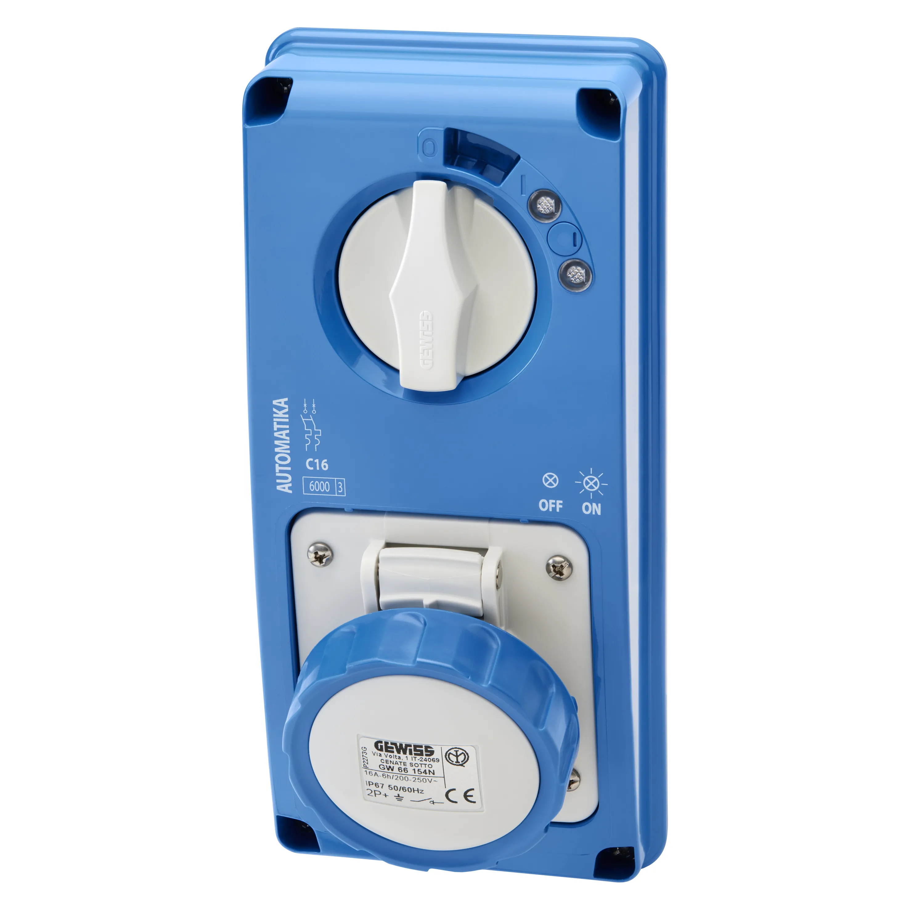 Priza Fixa Interblocata Verticala Automatika Curba Mt 6Ka C Fara Fund 2P+E 16A 230V 6H IP67 Gewiss GW66154N