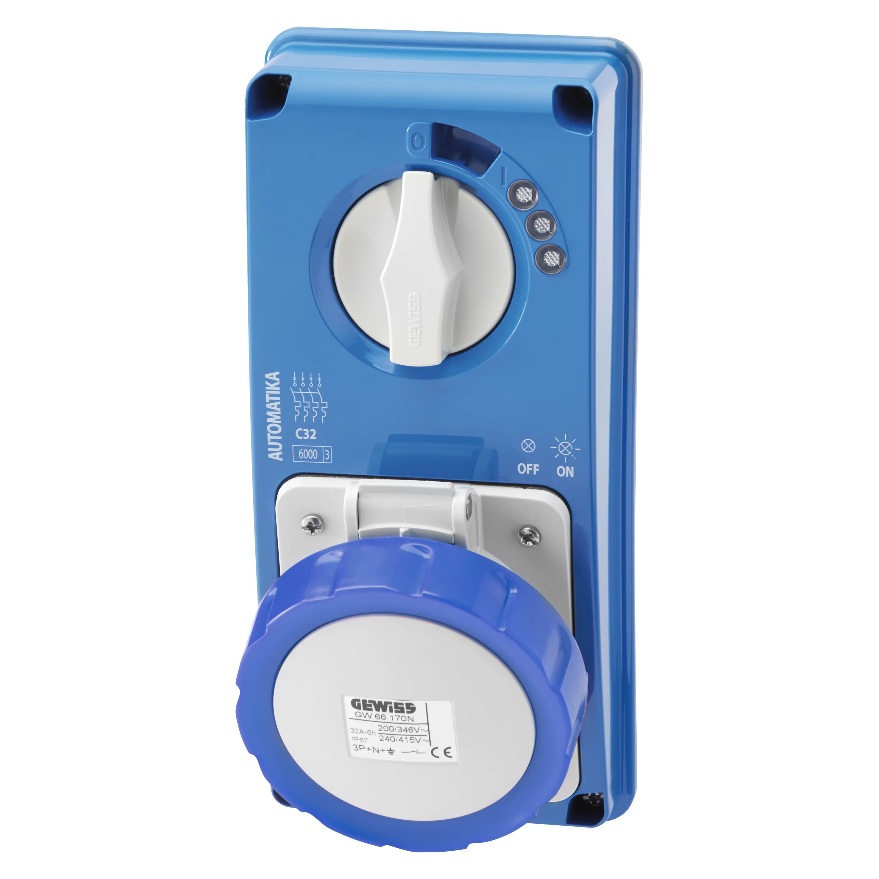 Priza Fixa Interblocata Verticala Automatika Curba Mt 6Ka C Fara Fund 3P+E 32A 230V 9H IP67 Gewiss GW66166N