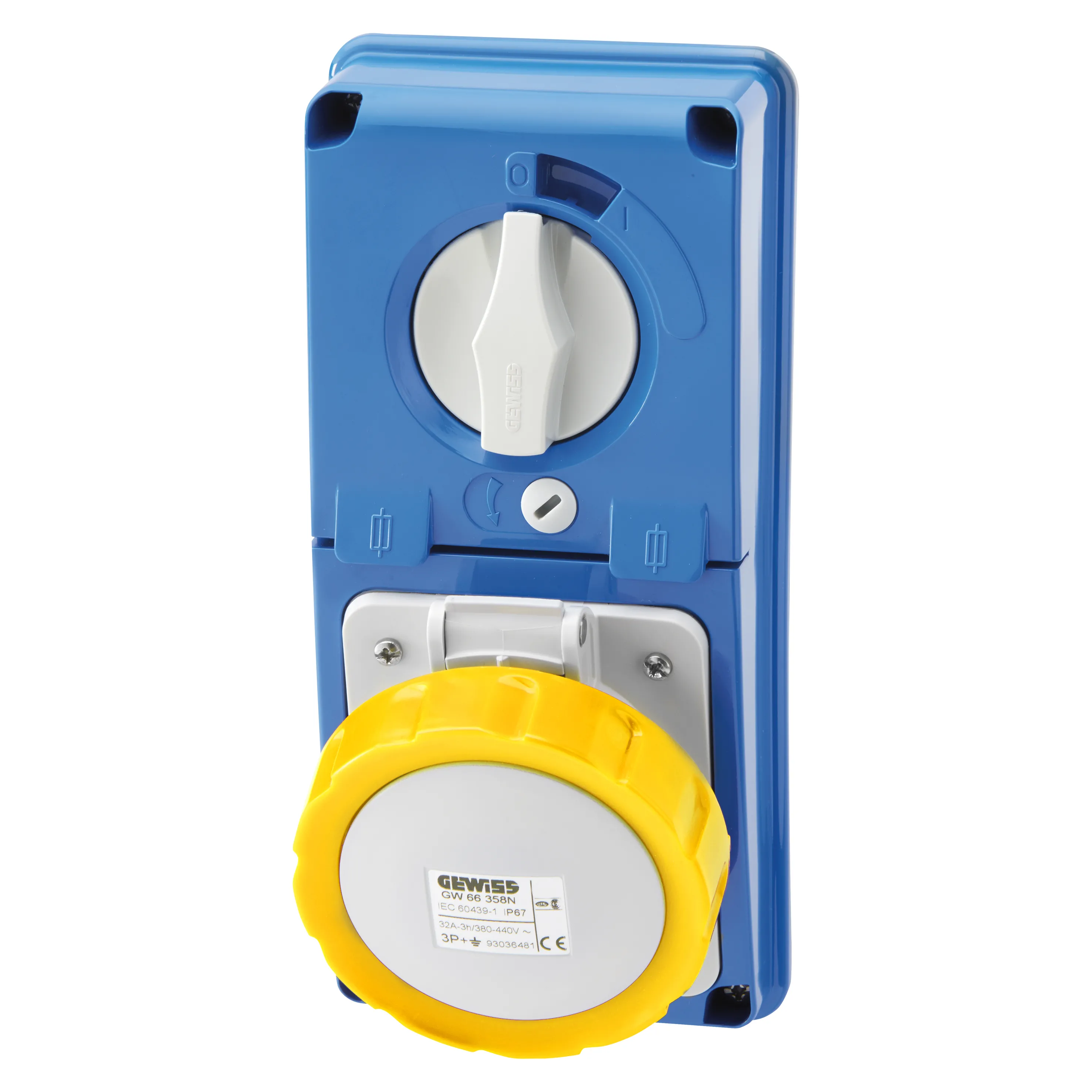 Priza Interblocata Fixa Verticala Fara Fund Cu Baza De Sustinere A Combustibilului 2P+E 16A 100-130V 50/60Hz 4H IP67 Gewiss GW66323N