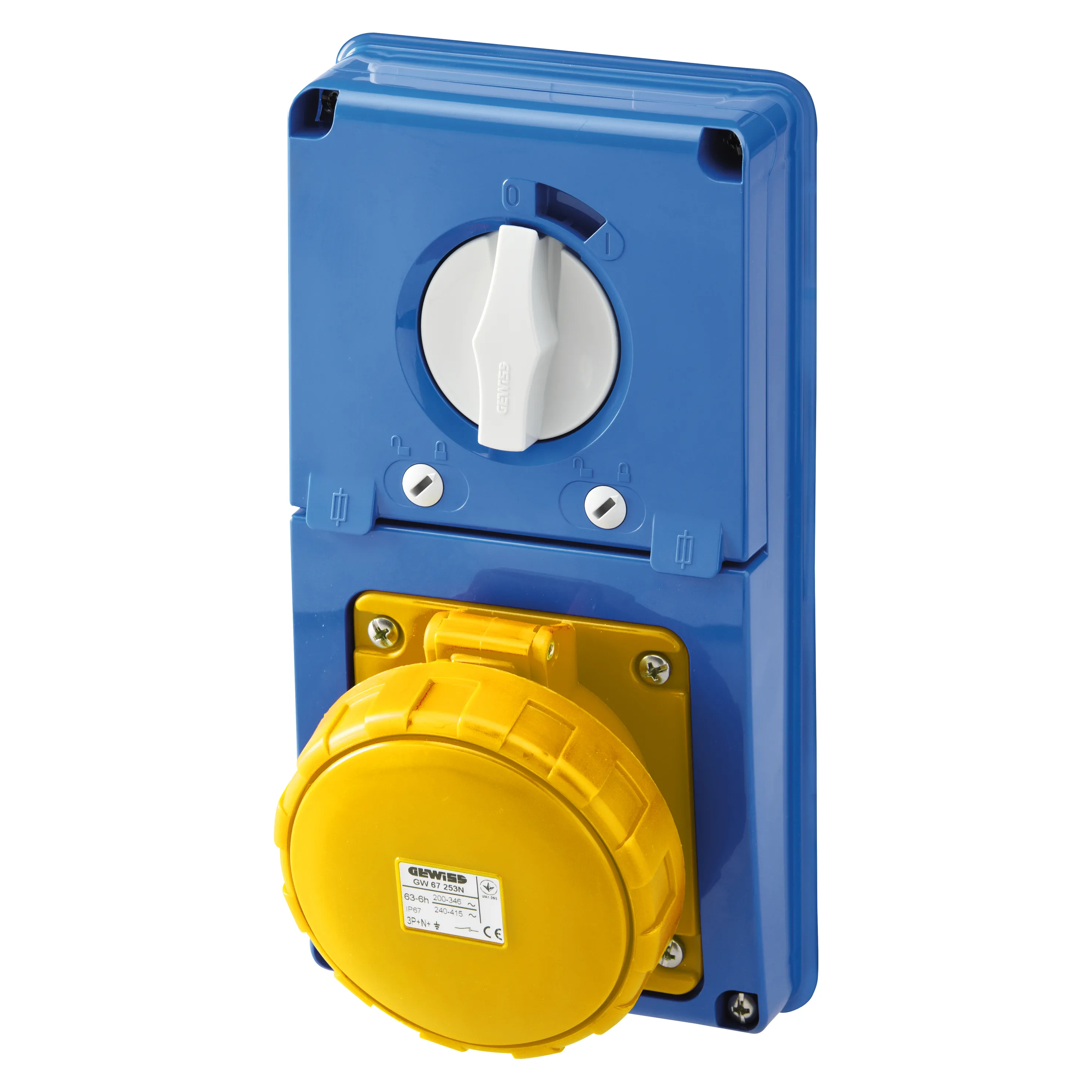 Priza Interblocata Fixa Verticala Fara Fund Cu Baza Suport De Alimentare 3P+N+E 63A 100-130V 50/60Hz 4H IP67 Gewiss GW66347N