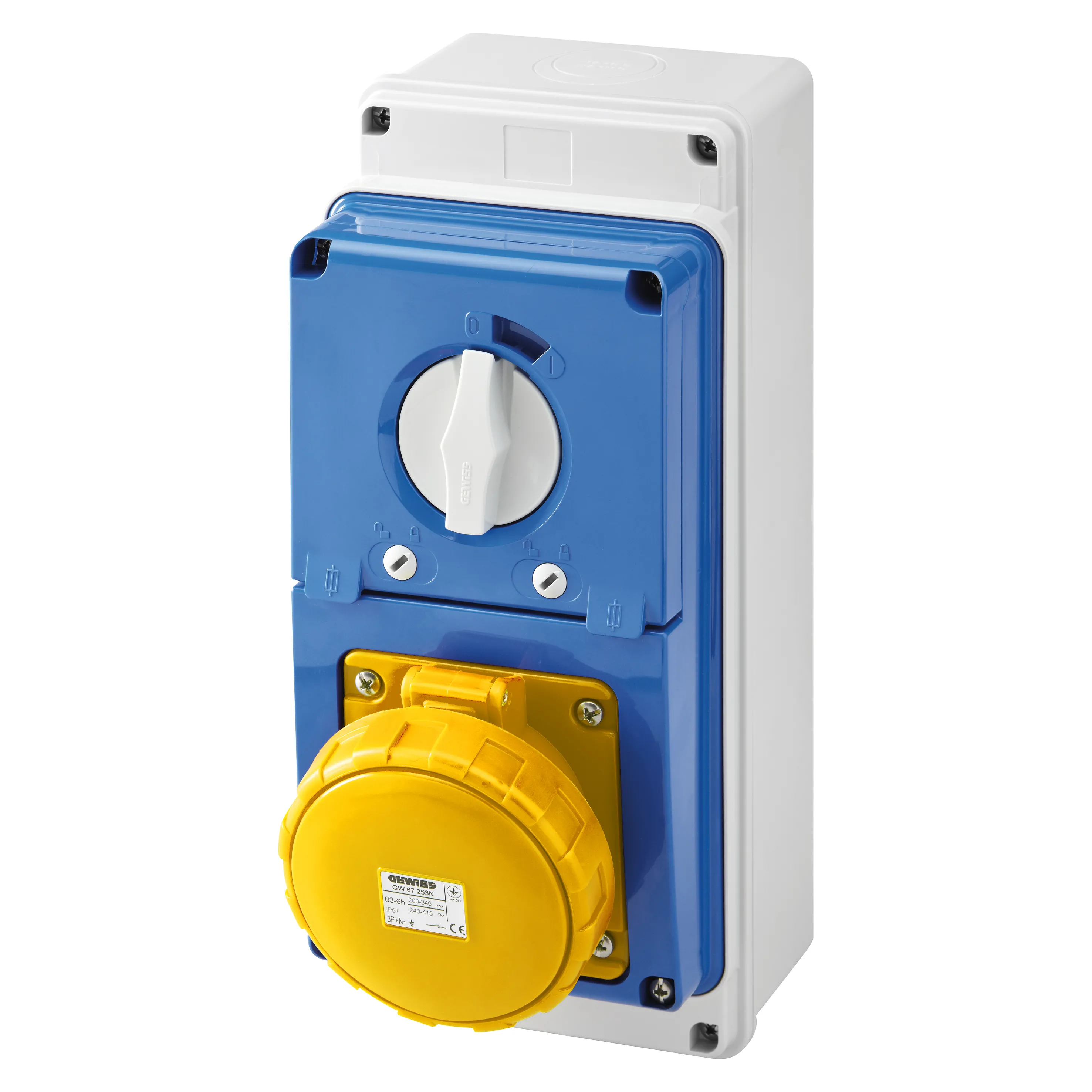 Priza interblocata fixa verticala cu partea inferioara cu baza de sustinere a combustibilului 3p+n+e 63a 100-130v 50/60hz 4h ip67 gewiss gw67247n