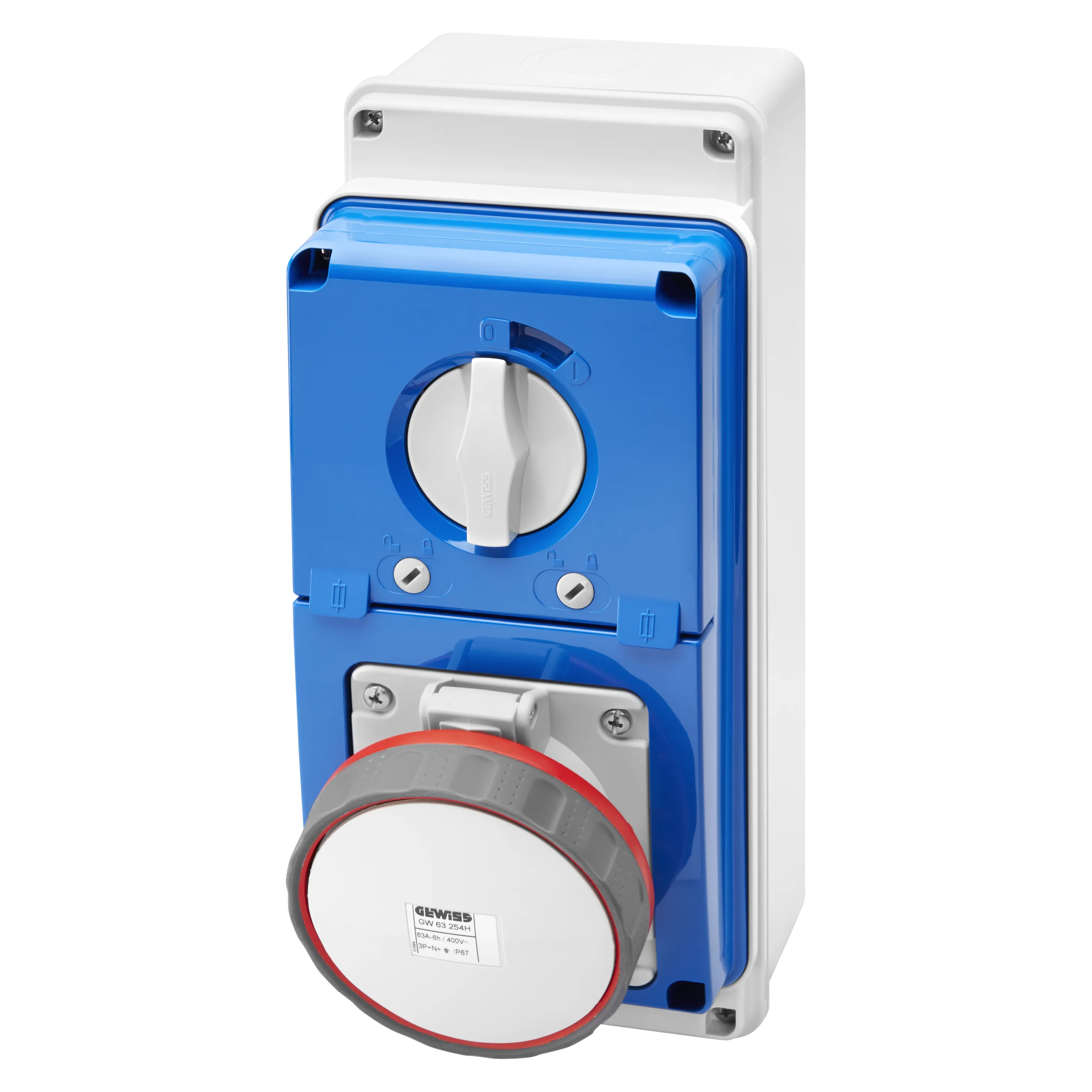 Priza Interblocata Fixa Verticala Cu Partea Inferioara Cu Baza De Sustinere A Combustibilului 3P+N+E 63A 346-415V 50/60Hz 6H IP67 Gewiss GW67253N