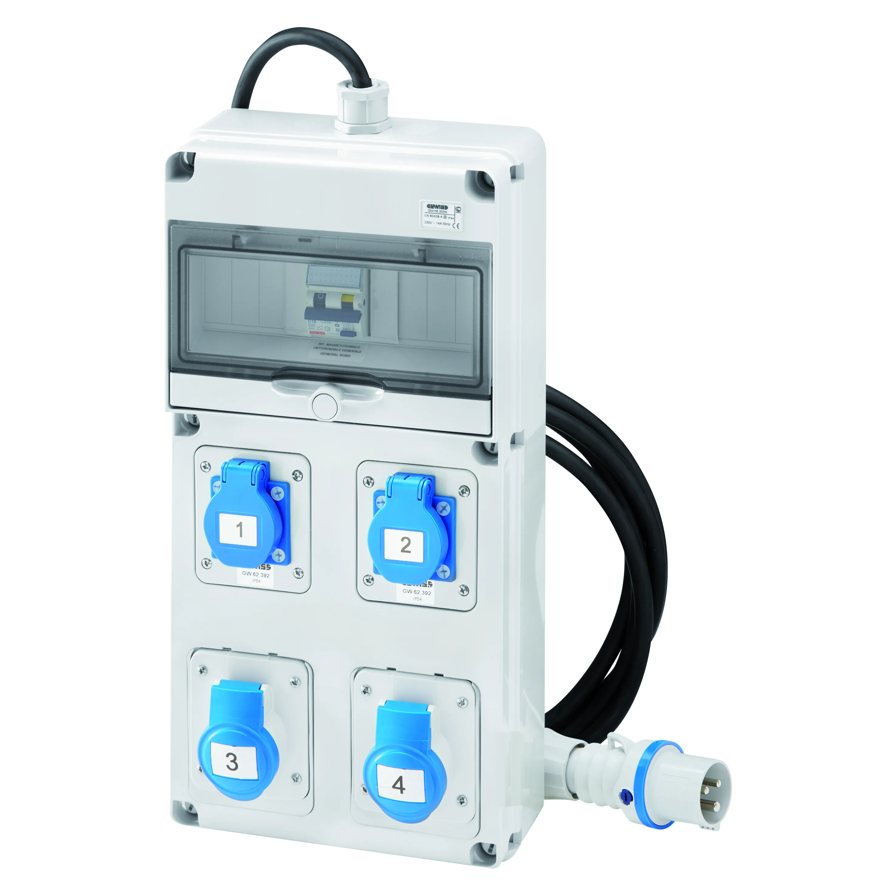 Tablou organiaze santier Q-Din 10 Module Acs Portabil Mobil Cu Cablu Si Fisa 2 2P+E 16A Iec309 + 2 Priza Standard Germana 16A IP44 Gewiss GW68203N