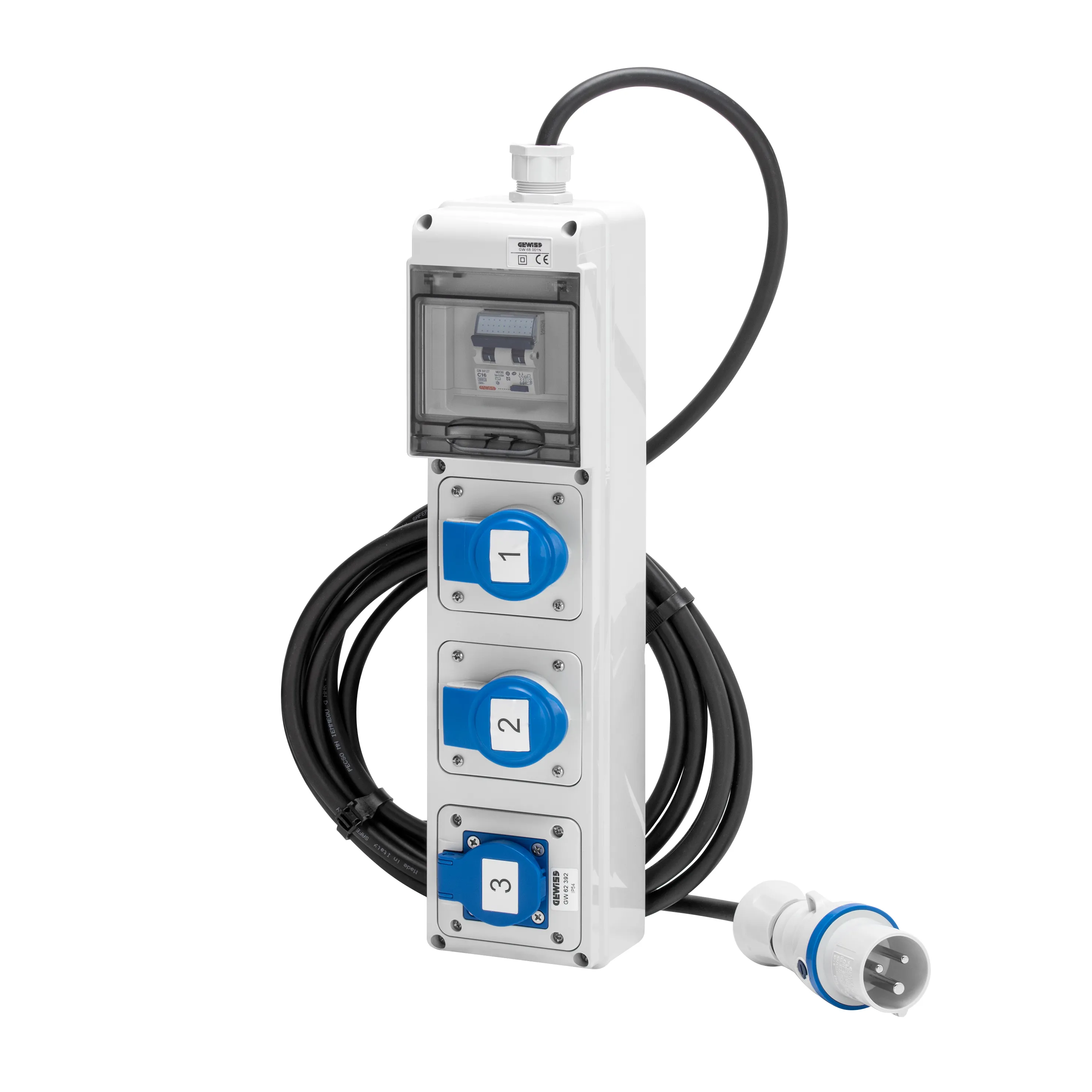 Tablou organiaze santier Q-Din 5 module Asd Portabil Mobil Cu Fir Cu Cablu Si Fisa 3 2P+E 16A Iec309 + 1 Presa Standard Tedesco 16A IP44 Gewiss GW68241N