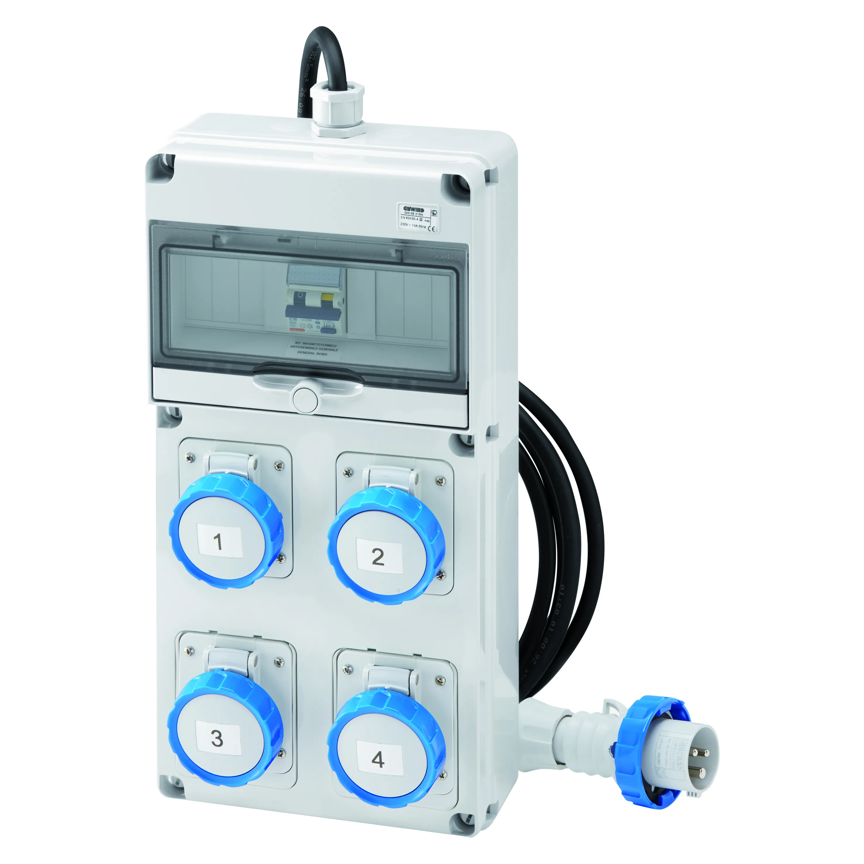 Tablou organiaze santier Q-Din 10 Module Acs Portabil Mobil Cu Cablu Si Fisa 4 3P+E 16A Iec309 IP65 Gewiss GW68247N