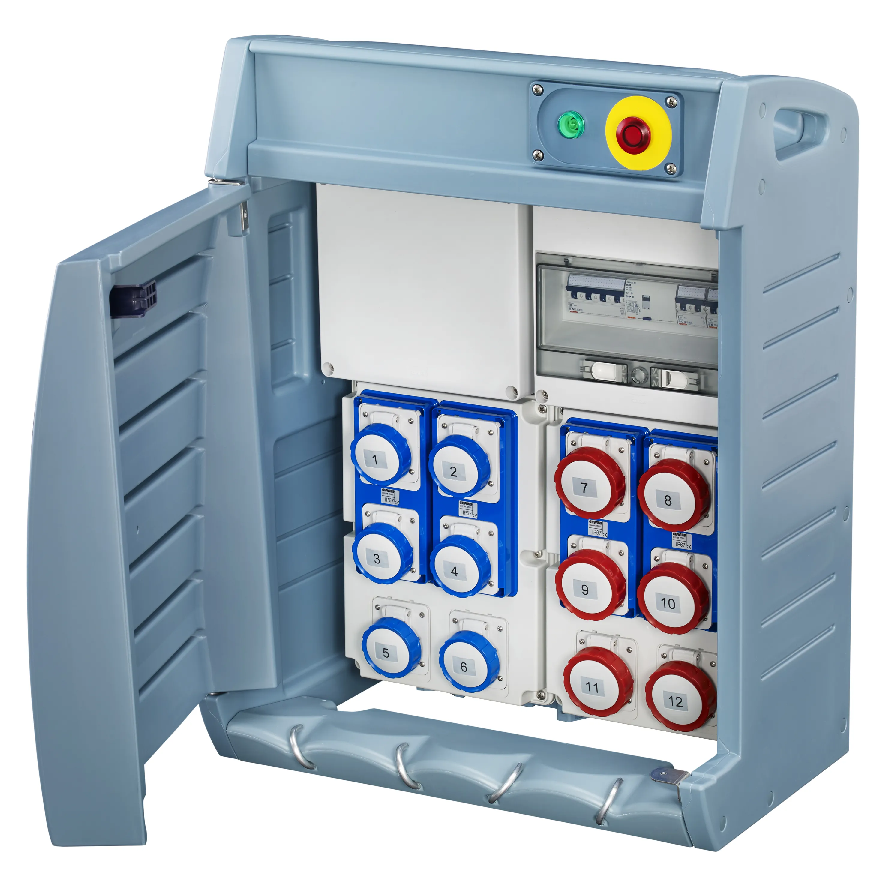 Tablou organiaze santier Q-Box 4 Cu Regleta De Borne Cablata 6 2P+E 16A Iec 309 + 6 3+E 16A Iec 309 IP55 Gewiss GW68469