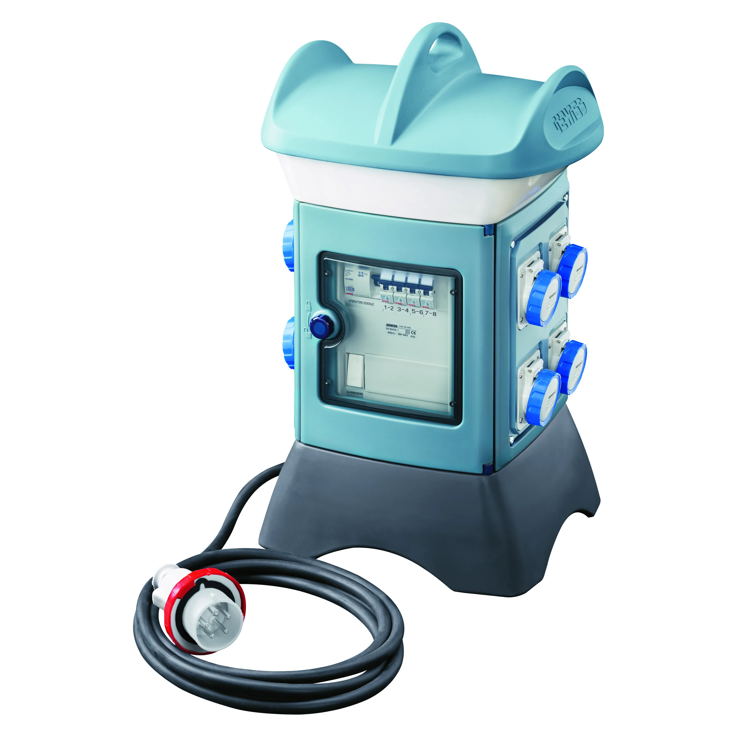 Qmc16T Acs Cablat Cu Cablu Si Fisa 2 2P+E 16A Iec 309 + 1 3P+E 16A Iec309 + 2 3P+N+E 16A Iec309 + 1 3P+N+E 32A Iec309 IP56 Albastru Deschis Gewiss GW68884A