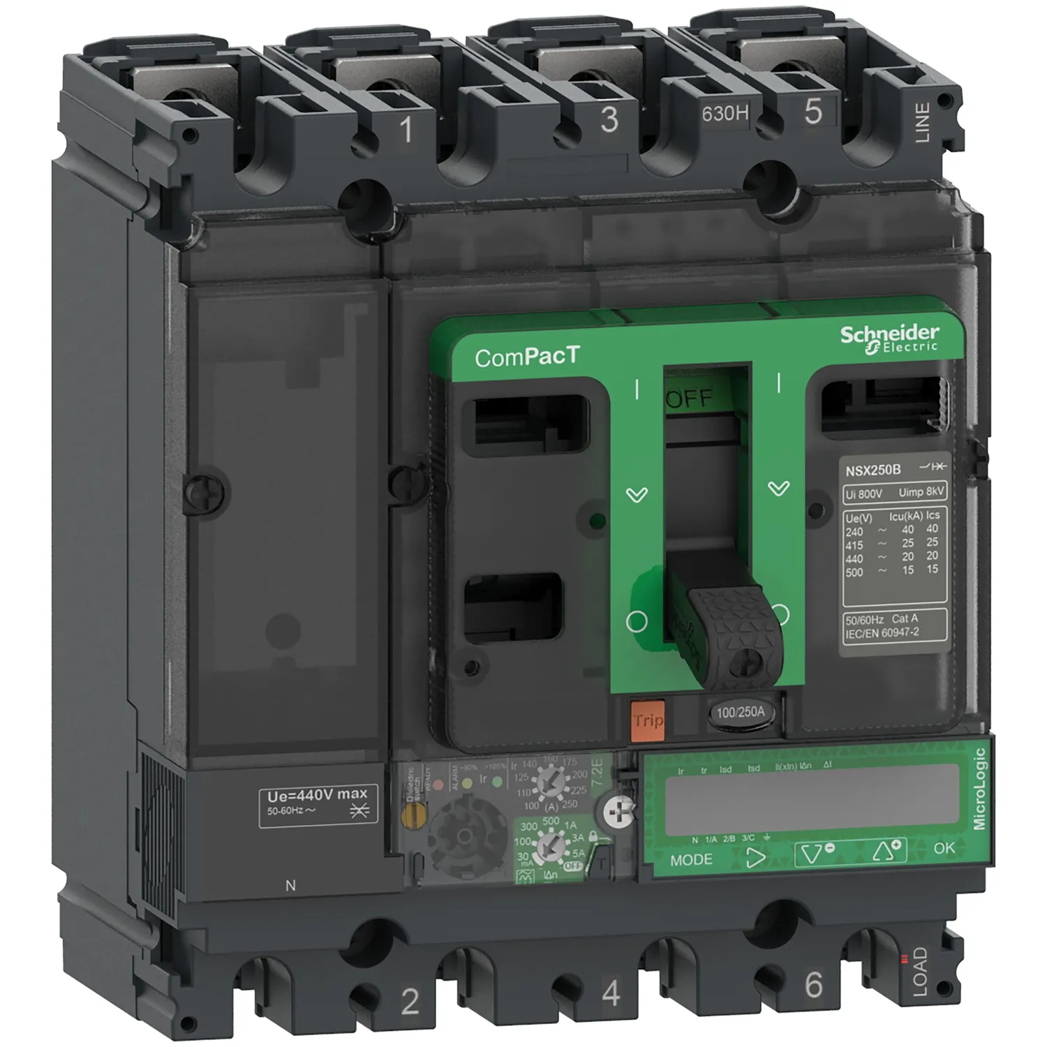Intreruptor tip USOL ComPacT NSX100H 70 kA la 415 VAC MicroLogic 7.2 E Vigi unitate de declansare 100A 4 poli 4d Schneider C10H47E100