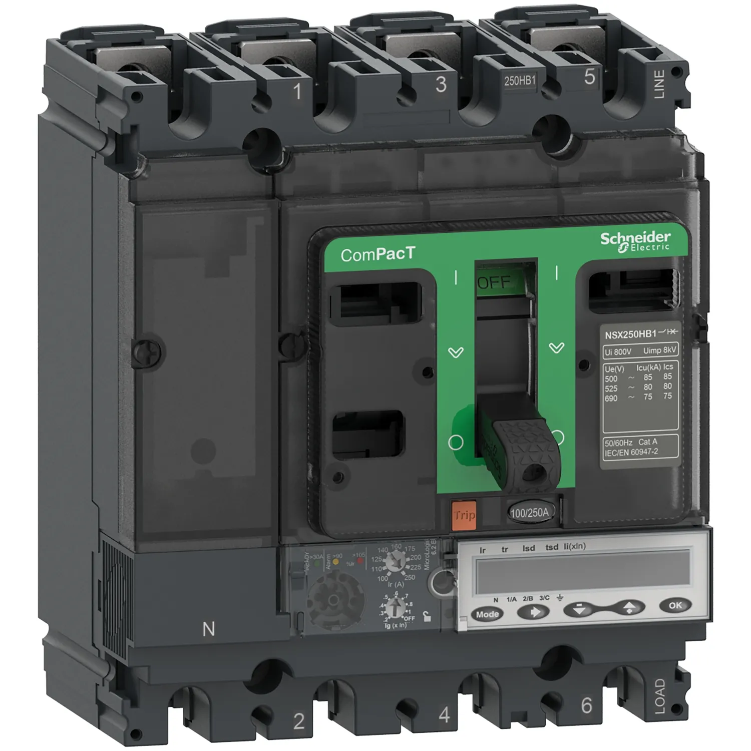 Intreruptor tip USOL ComPacT NSX250R 200 kA la 415 VAC unitate de declansare MicroLogic 6.2 E 160A 4 poli 4d Schneider C25R46E160