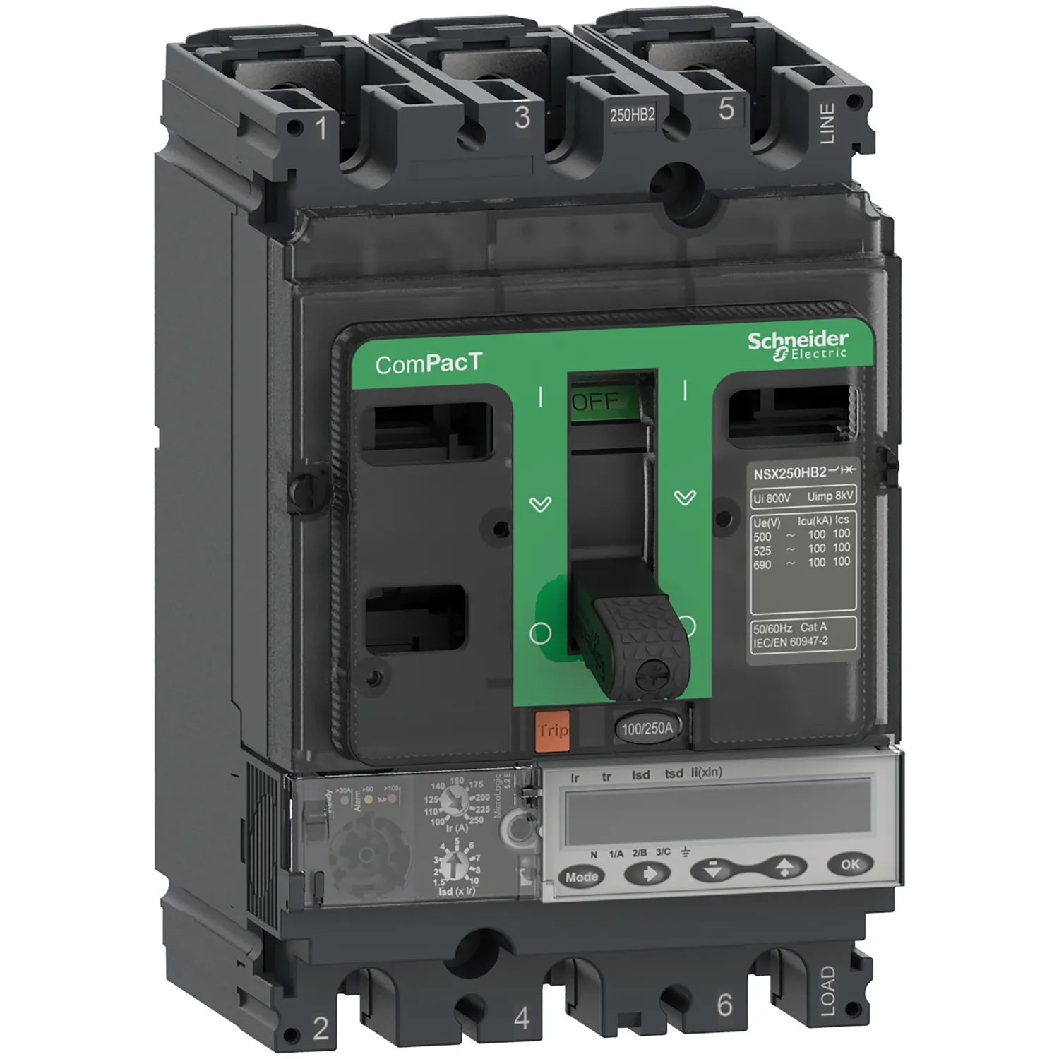 Intreruptor tip USOL ComPacT NSX250HB1 75 kA la 690 VAC unitate de declansare MicroLogic 5.2 E 250A 3 poli 3d Schneider C25V35E250