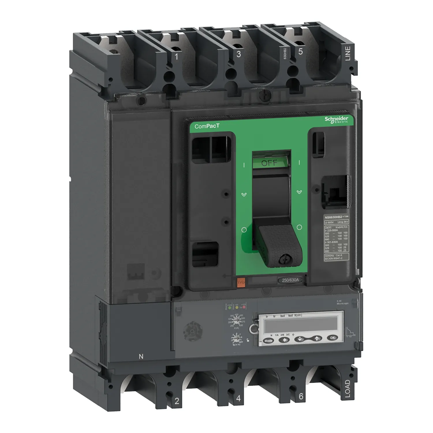 Intreruptor tip usol compact nsx400hb1, 75 ka la 690 vac, unitate de declansare micrologic 6.3 e 400a, 4 poli 4d, schneider, c40v46e400