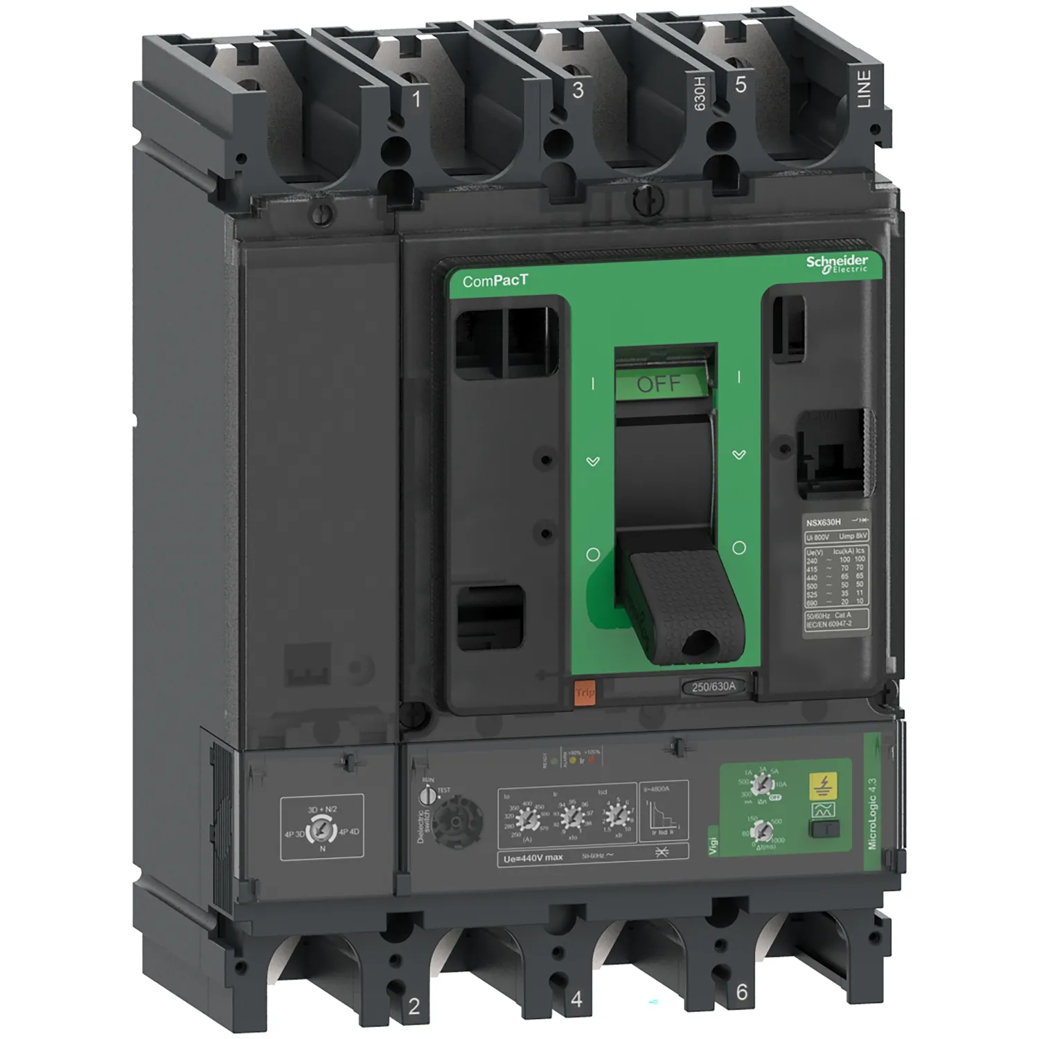 Intreruptor tip USOL ComPacT NSX400N 50 kA la 415 VAC MicroLogic 4.3 Vigi unitate de declansare 400A 4 poli 4d Schneider C40N44V400
