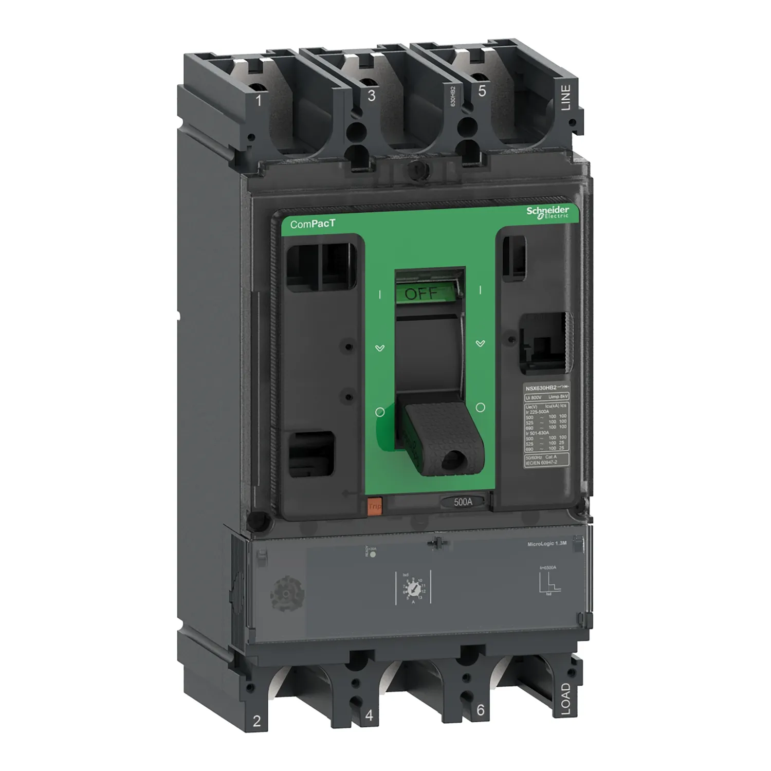 Intreruptor tip USOL ComPacT NSX630R 200 kA la 415 VAC unitate de declansare MicroLogic 1.3 M 500A 3 poli 3d Schneider C63R31M500