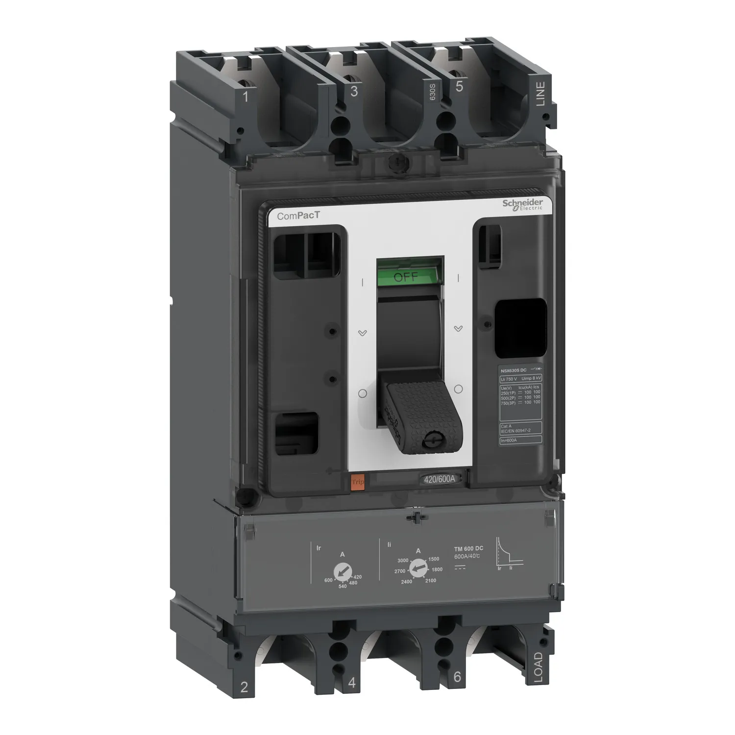 Intreruptor tip USOL ComPacT NSX400S DC, 100 kA la 750 VDC, TM-DC unitate de declansare, 400A, 3 poli, Schneider, C40S3TM400D 