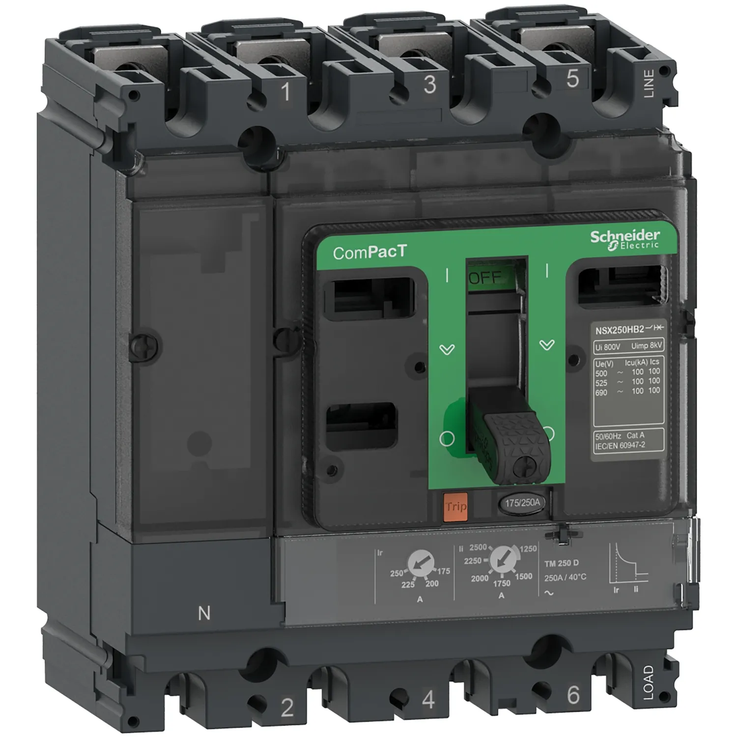 Intreruptor tip USOL ComPacT NSX100B 25 kA la 415 VAC unitate de declansare TMD 80A 4 poli 3d Schneider C10B6TM080