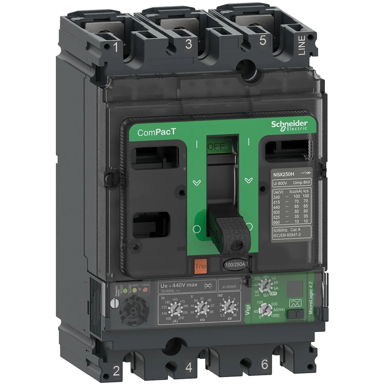 Intreruptor tip USOL ComPacT NSX250F 36 kA la 415 VAC MicroLogic 4.2 Vigi unitate de declansare 250A 3 poli 3d Schneider C25F34V250