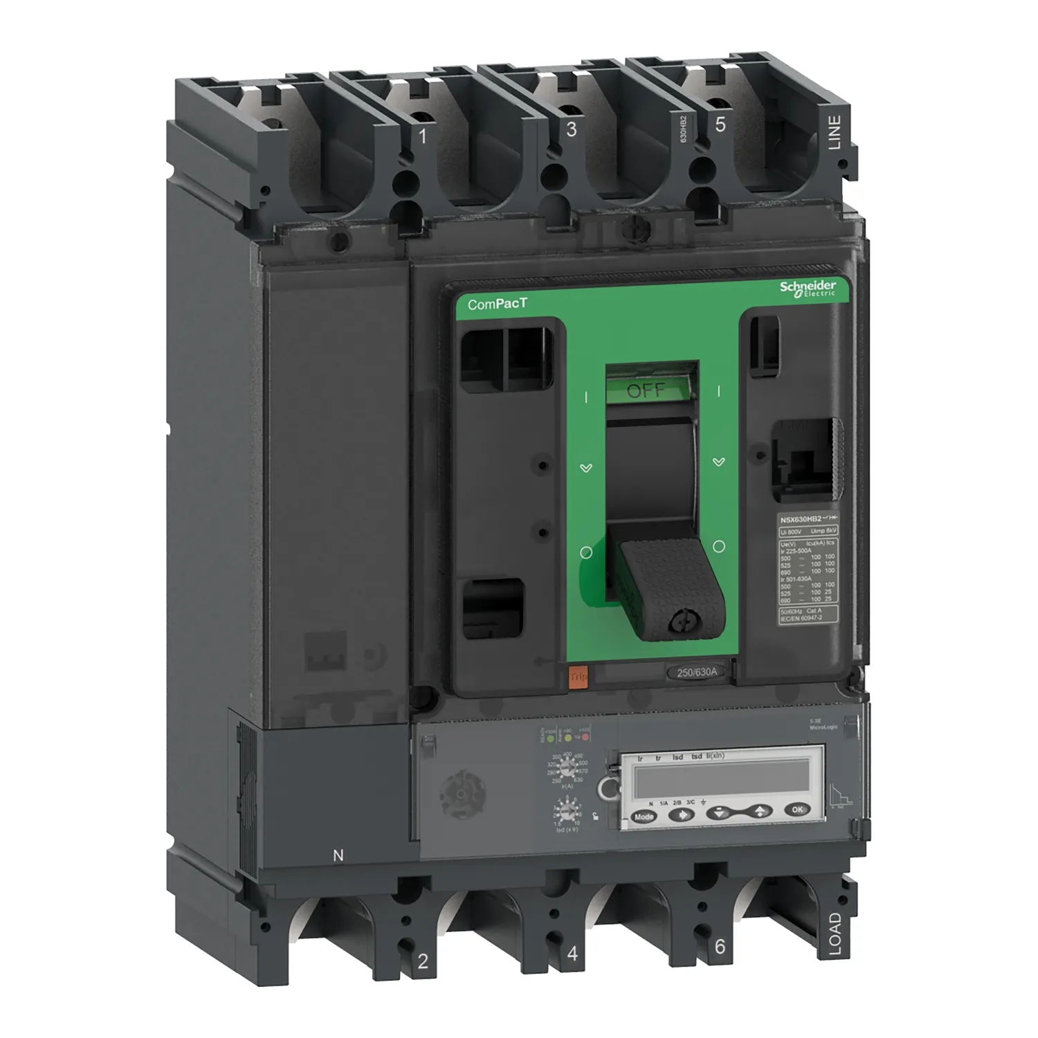 Intreruptor tip USOL ComPacT NSX630HB1 75 kA la 690 VAC unitate de declansare MicroLogic 5.3 E 630A 4 poli 4d Schneider C63V45E630