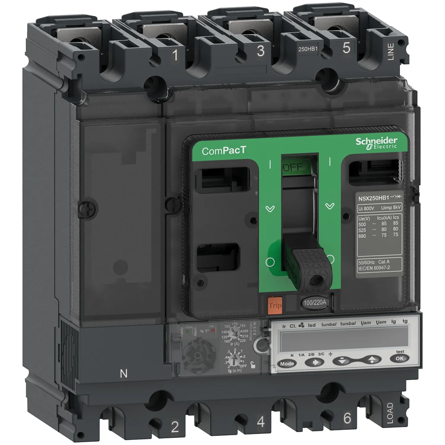 Intreruptor tip USOL ComPacT NSX100R 200 kA la 415 VAC unitate de declansare MicroLogic 6.2 E-M 50A 3 poli 3d Schneider C10R36M050