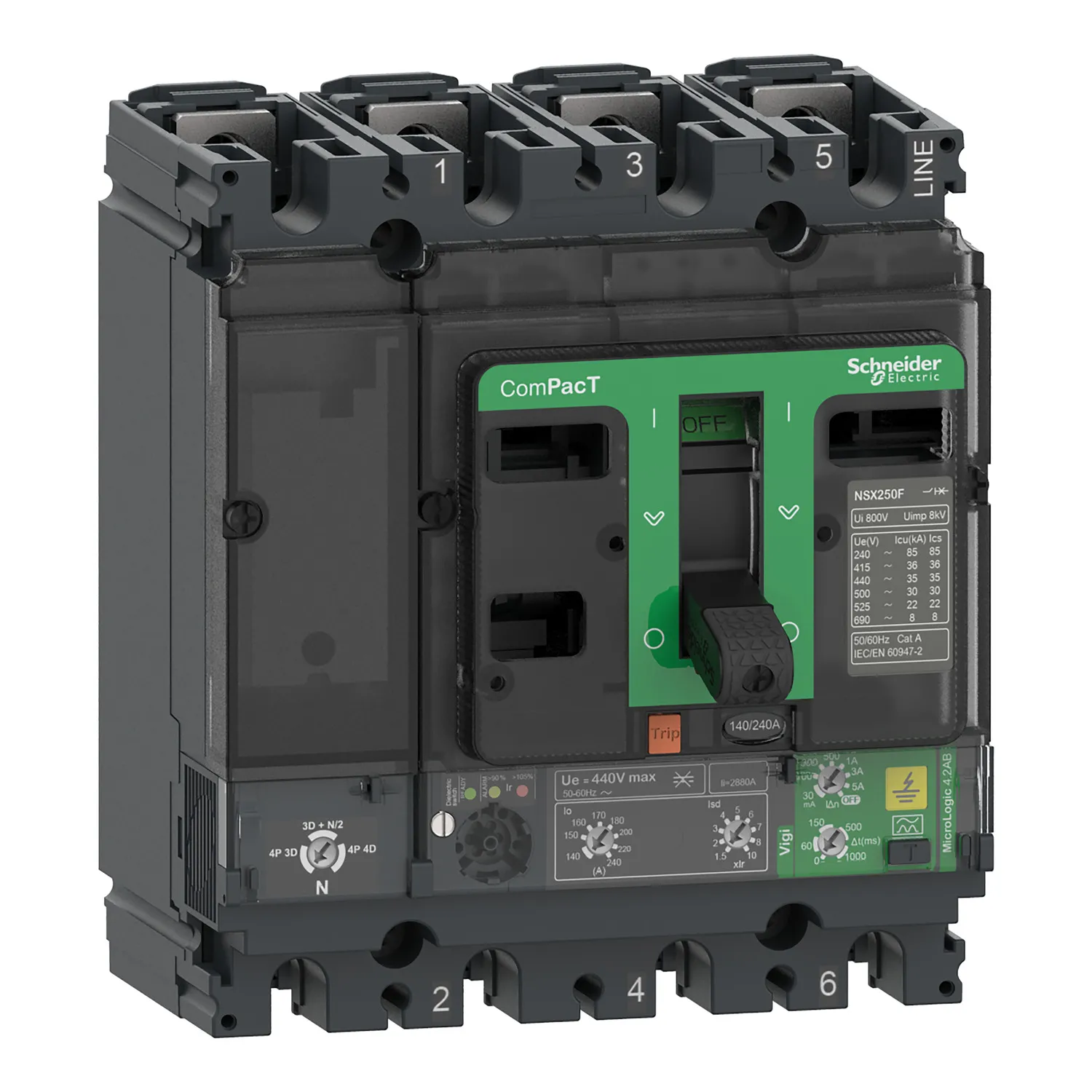 Intreruptor tip USOL ComPacT NSX160F, 36kA la 415 VAC, MicroLogic 4.2 AB Vigi unitate de declansare, 160A, 4 poli 4d, Schneider, C16F44B160