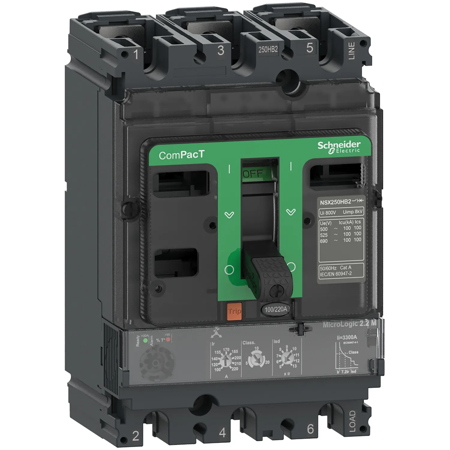Intreruptor tip USOL ComPacT NSX100HB1 75 kA la 690 VAC unitate de declansare MicroLogic 2.2 M 100A 3 poli 3d Schneider C10V32M100