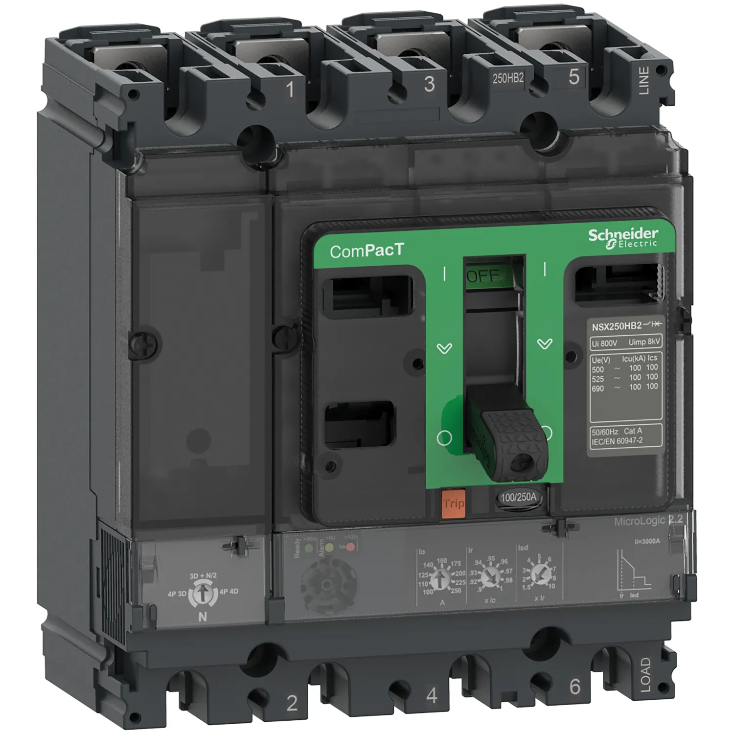 Intreruptor tip USOL ComPacT NSX100R 200 kA la 415 VAC unitate de declansare MicroLogic 2.2 40A 4 poli 4d Schneider C10R42D040