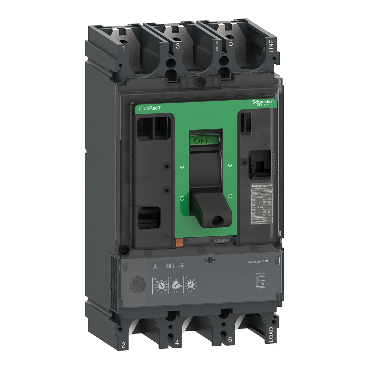 Intreruptor tip USOL ComPacT NSX630HB1 75 kA la 690 VAC unitate de declansare MicroLogic 2.3 M 500A 3 poli 3d Schneider C63V32M500