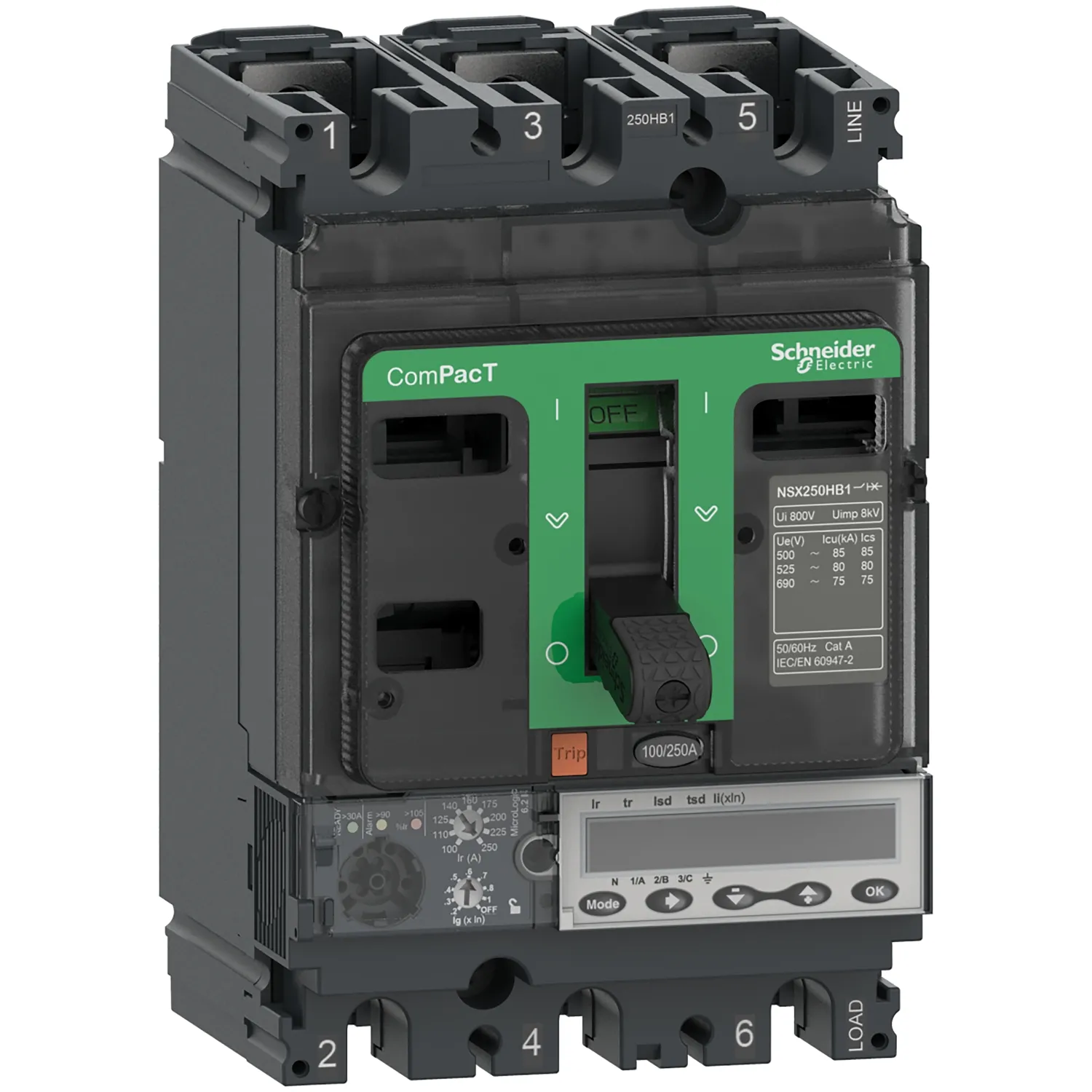 Intreruptor tip usol compact nsx250r, 200 ka la 415 vac, unitate de declansare micrologic 6.2 e 160a, 3 poli 3d, schneider, c25r36e160