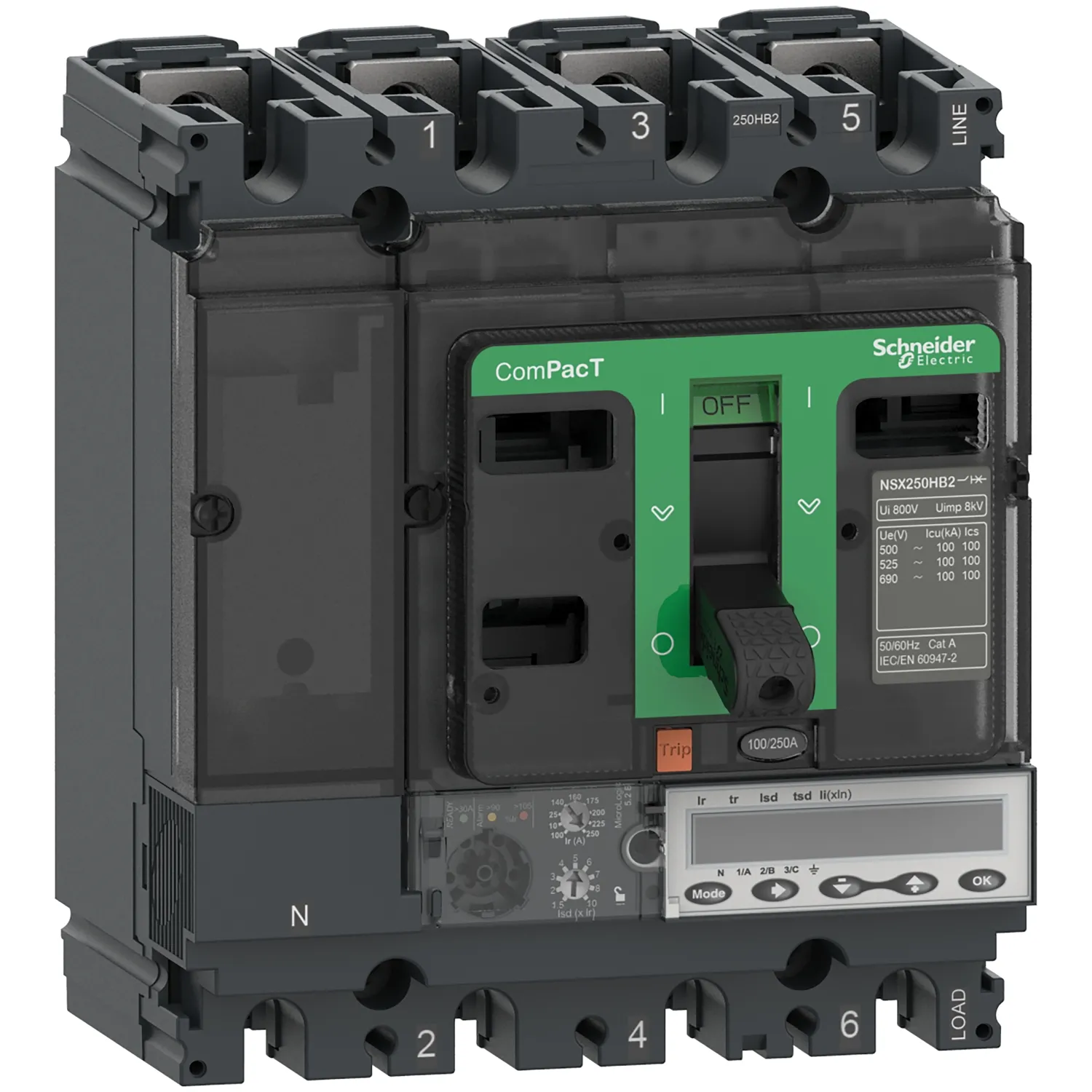 Intreruptor tip USOL ComPacT NSX100HB2, 100 kA la 690 VAC, unitate de declansare MicroLogic 5.2 E 40A, 4 poli 4d, Schneider, C10W45E040
