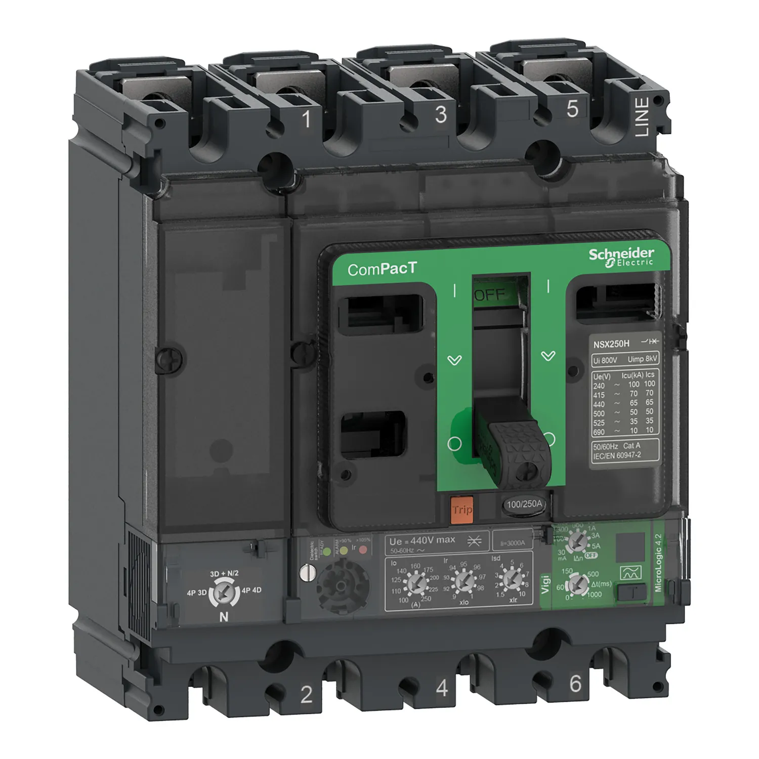 Intreruptor tip USOL ComPacT NSX100H 70 kA la 415 VAC MicroLogic 4.2 Vigi unitate de declansare 100A 4 poli 4d Schneider C10H44V100