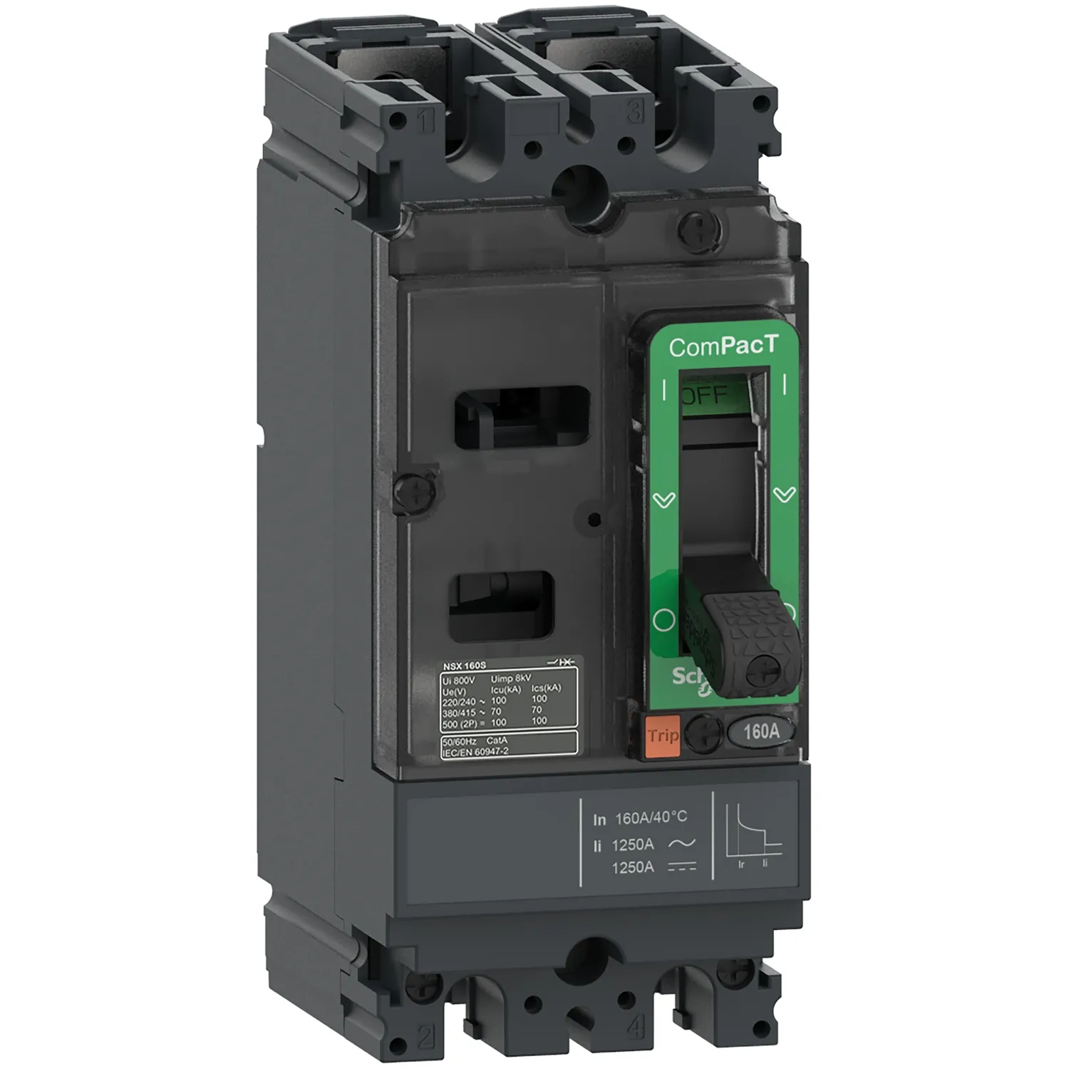 Intreruptor tip USOL ComPacT NSX100M AC/DC 25 kA la 415 VAC unitate de declansare TMD 30A 2 poli 2d Schneider C10M2TM030