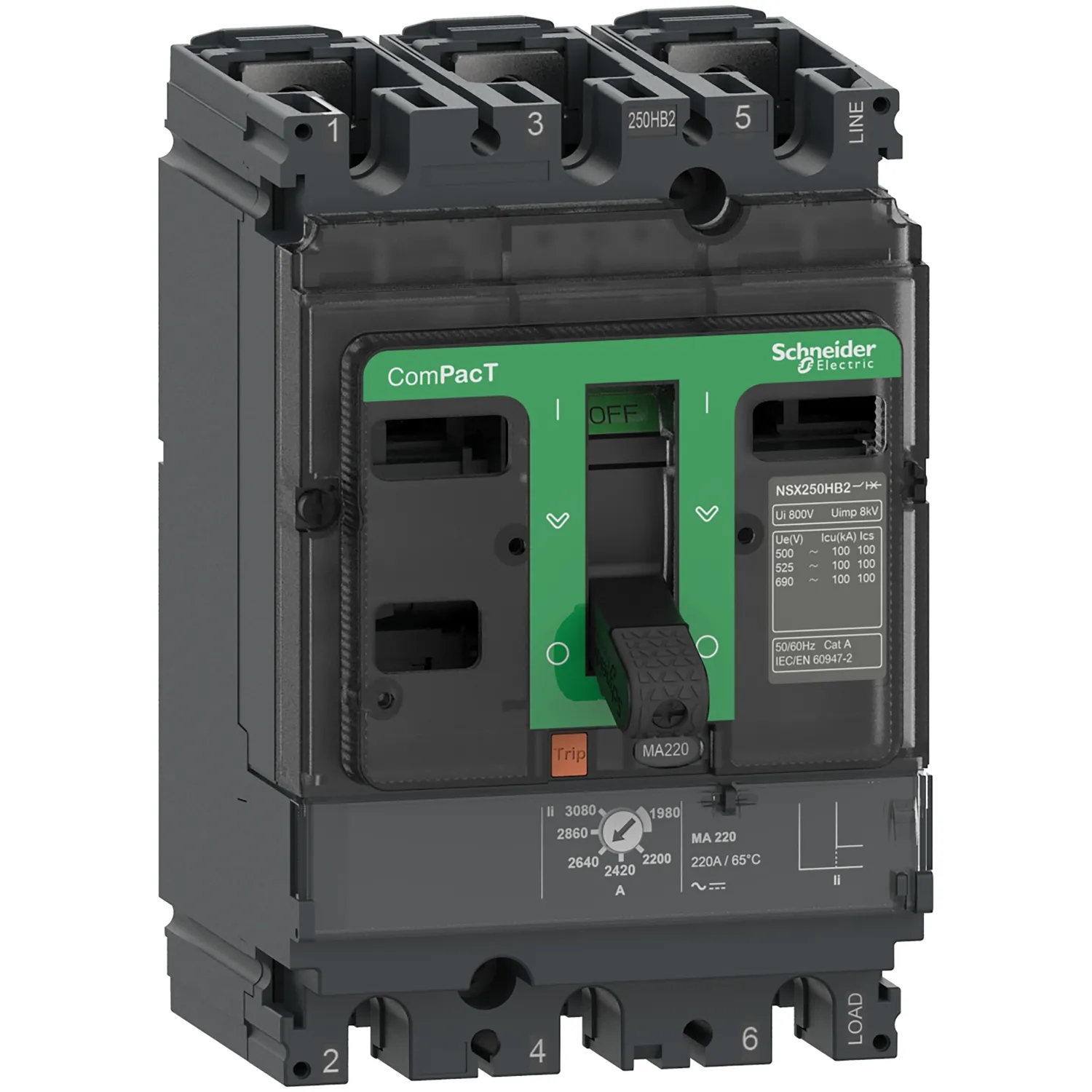 Intreruptor tip USOL ComPacT NSX250N 50 kA la 415 VAC unitate de declansare MA 220A 3 poli 3d Schneider C25N3MA220