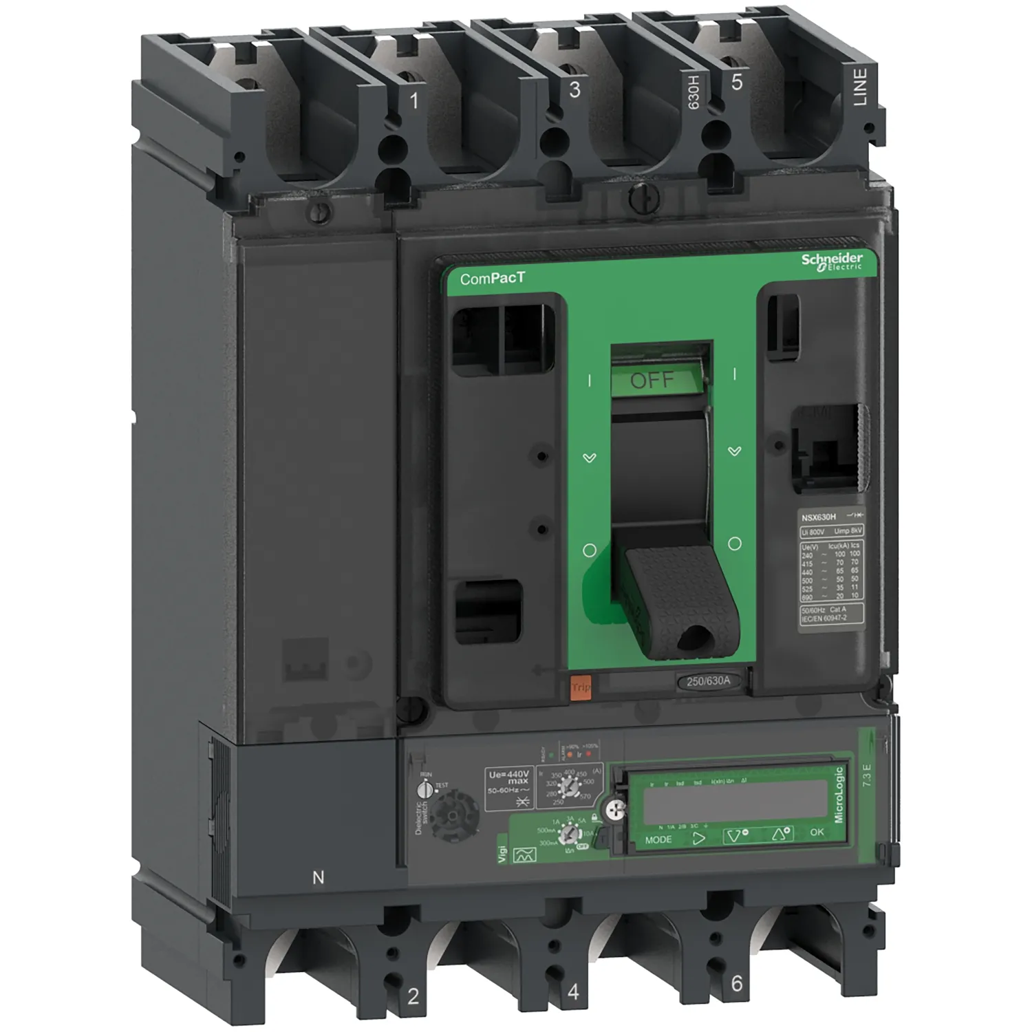 Intreruptor tip USOL ComPacT NSX630H 70 kA la 415 VAC MicroLogic 7.3 E Vigi unitate de declansare 570A 4 poli 4d Schneider C63H47E570