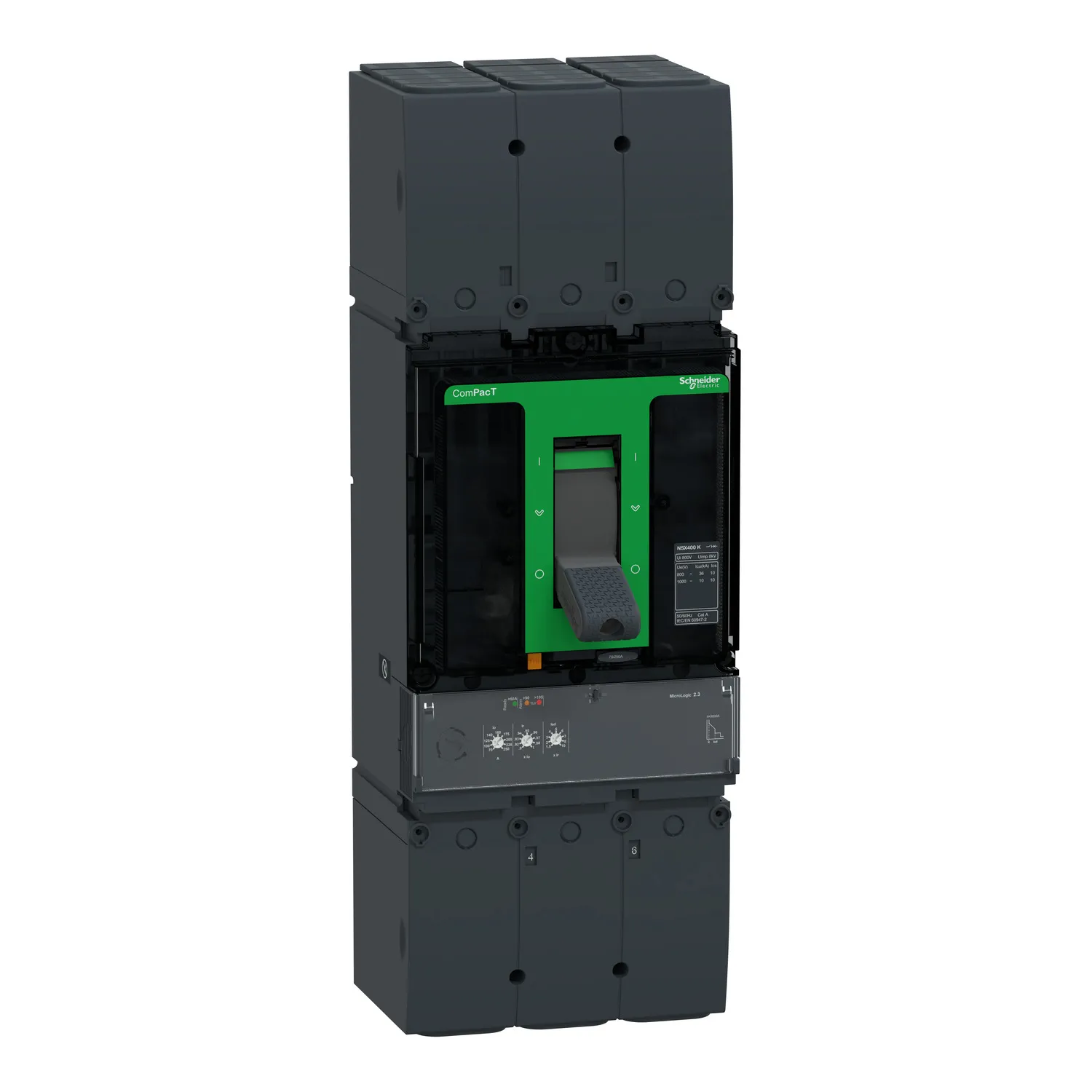Intreruptor tip USOL ComPacT NSX400K, 36kA la 800VAC, 10kA la 1000VAC, unitate de declansare MicroLogic 2.3, 400A, 3 poli 3d, Schneider, C40K32D400 