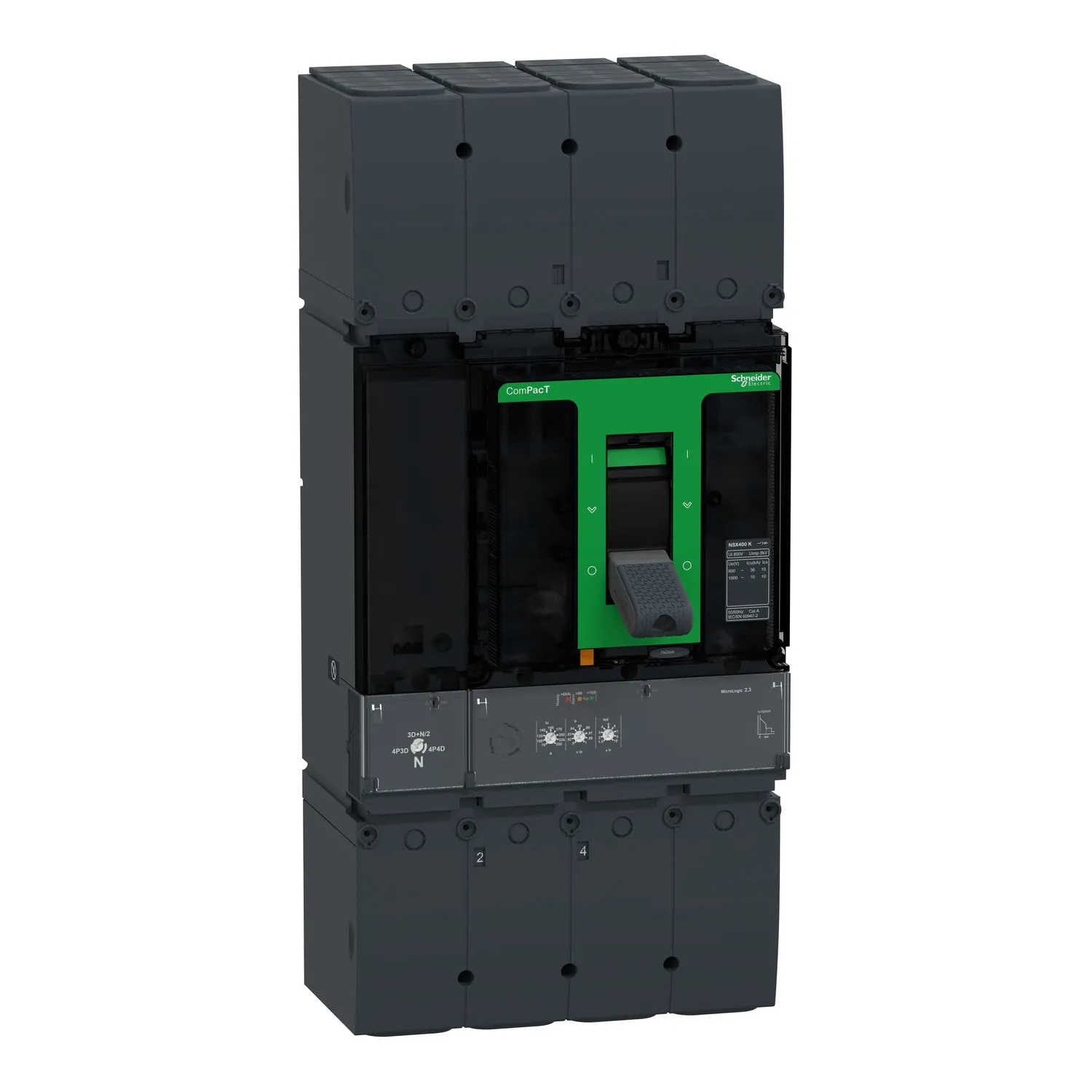 Intreruptor tip USOL ComPacT NSX400K 36kA la 800VAC 10kA la 1000VAC unitate de declansare MicroLogic 2.3 250A 4 poli 4d Schneider C40K42D250