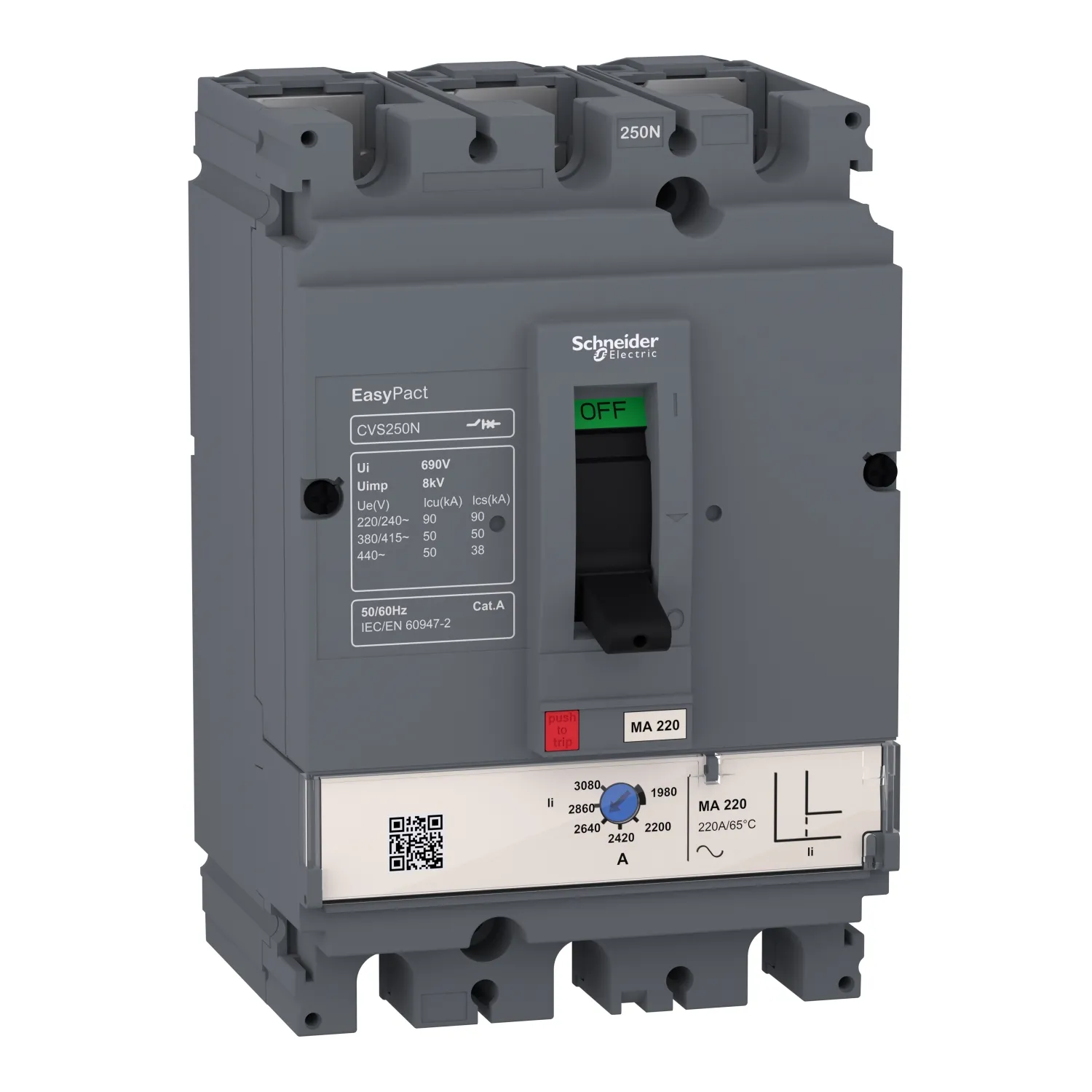 Intreruptor automat tip USOL EasyPact CVS250N 50kA la 415 Vc.a. 220A unitate de declansare MA 3 poli 3d Schneider LV525442
