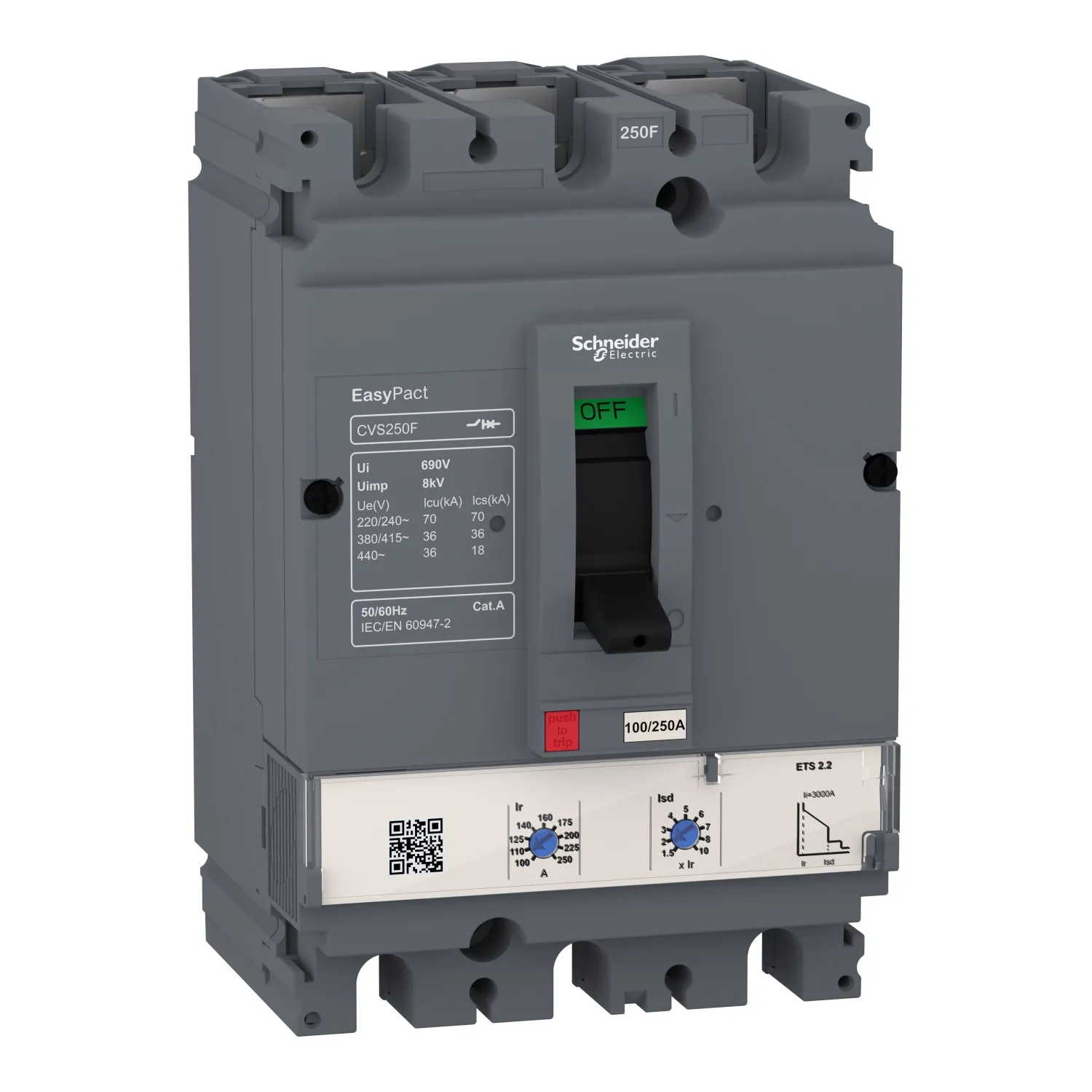 Intreruptor EasyPact CVS250F, 36kA la 415 Vc.a., ETS 2.2, 250A, 3 poli 3d, Schneider, LV525506