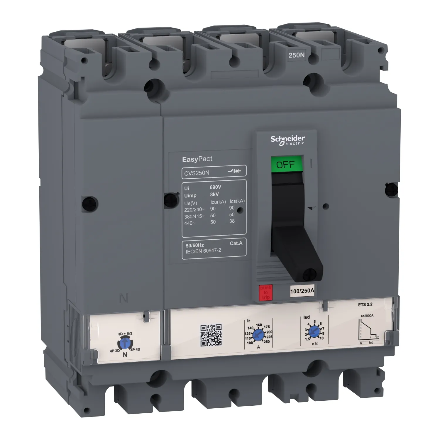 Intreruptor EasyPact CVS250N 50kA la 415 Vc.a. ETS 2.2 250A 4 Poli Schneider LV525510